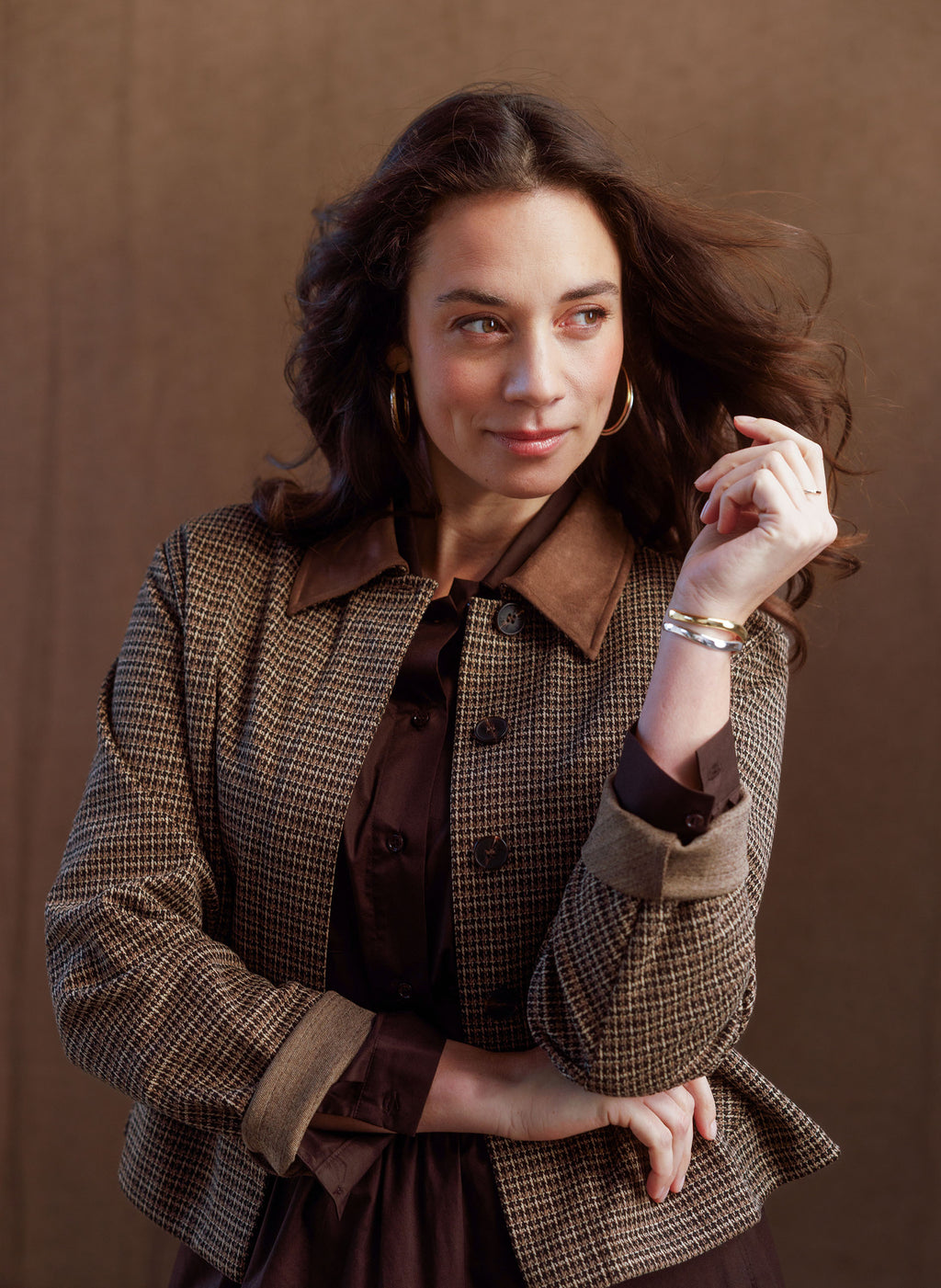 Yest Sibel Check Faux Suede Collar Jacket