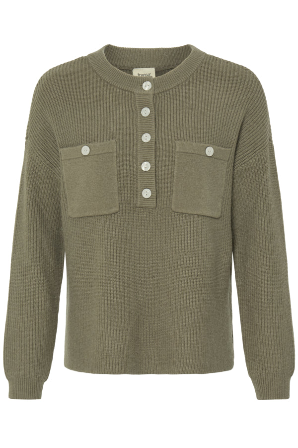 Fransa Bitte Button Front Pocket Jumper - Khaki Green