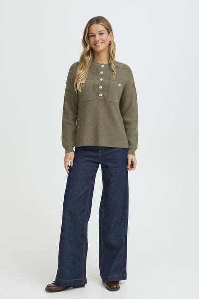 Fransa Bitte Button Front Pocket Jumper - Khaki Green