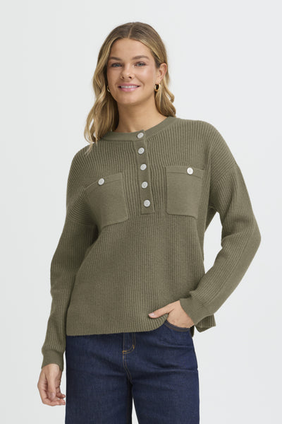 Fransa Bitte Button Front Pocket Jumper - Khaki Green