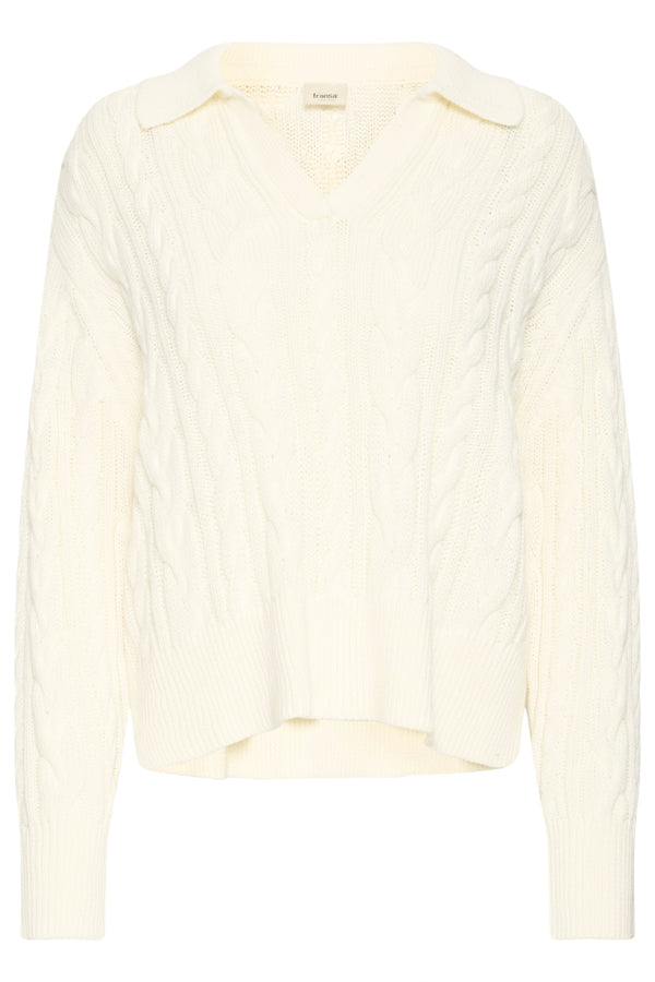 Fransa Vivian V-Neck Collar Cable Knit Jumper - Off White