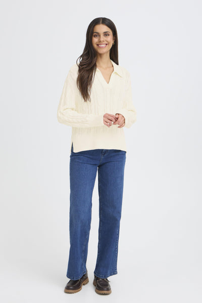 Fransa Vivian V-Neck Collar Cable Knit Jumper - Off White