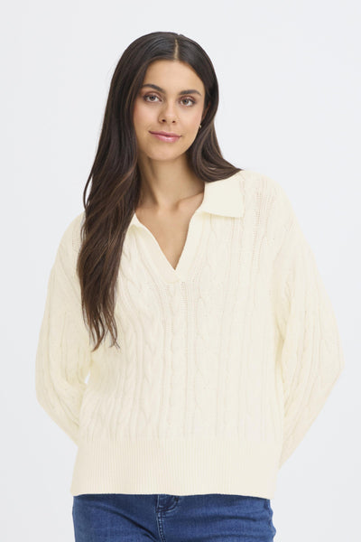 Fransa Vivian V-Neck Collar Cable Knit Jumper - Off White