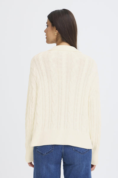 Fransa Vivian V-Neck Collar Cable Knit Jumper - Off White