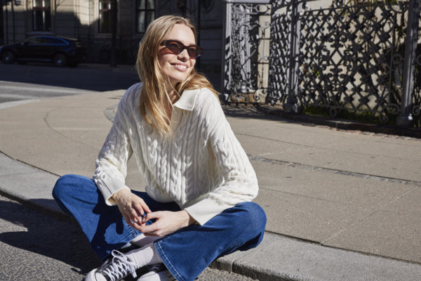 Fransa Vivian V-Neck Collar Cable Knit Jumper - Off White