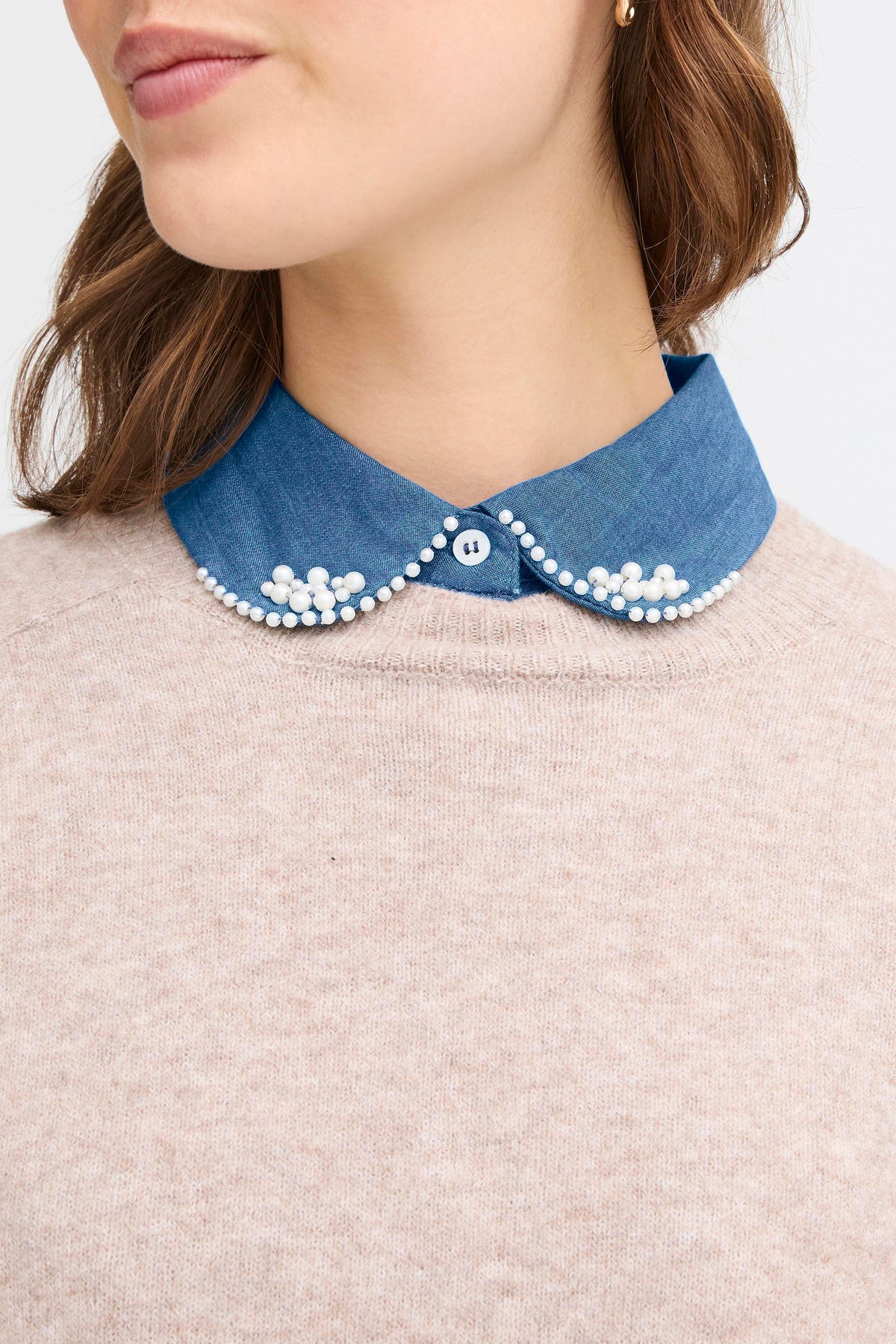 Fransa Claire Denim Pearl Collar – Denim Blue