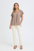 Fransa Jett V-Neck Soft Linen Blend Blouse