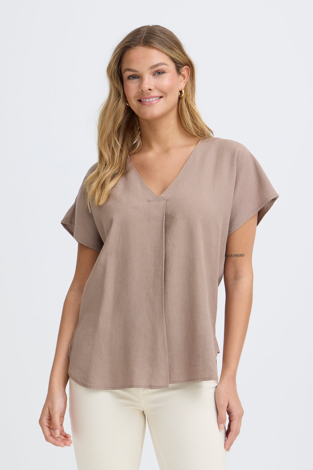Fransa Jett V-Neck Soft Linen Blend Blouse