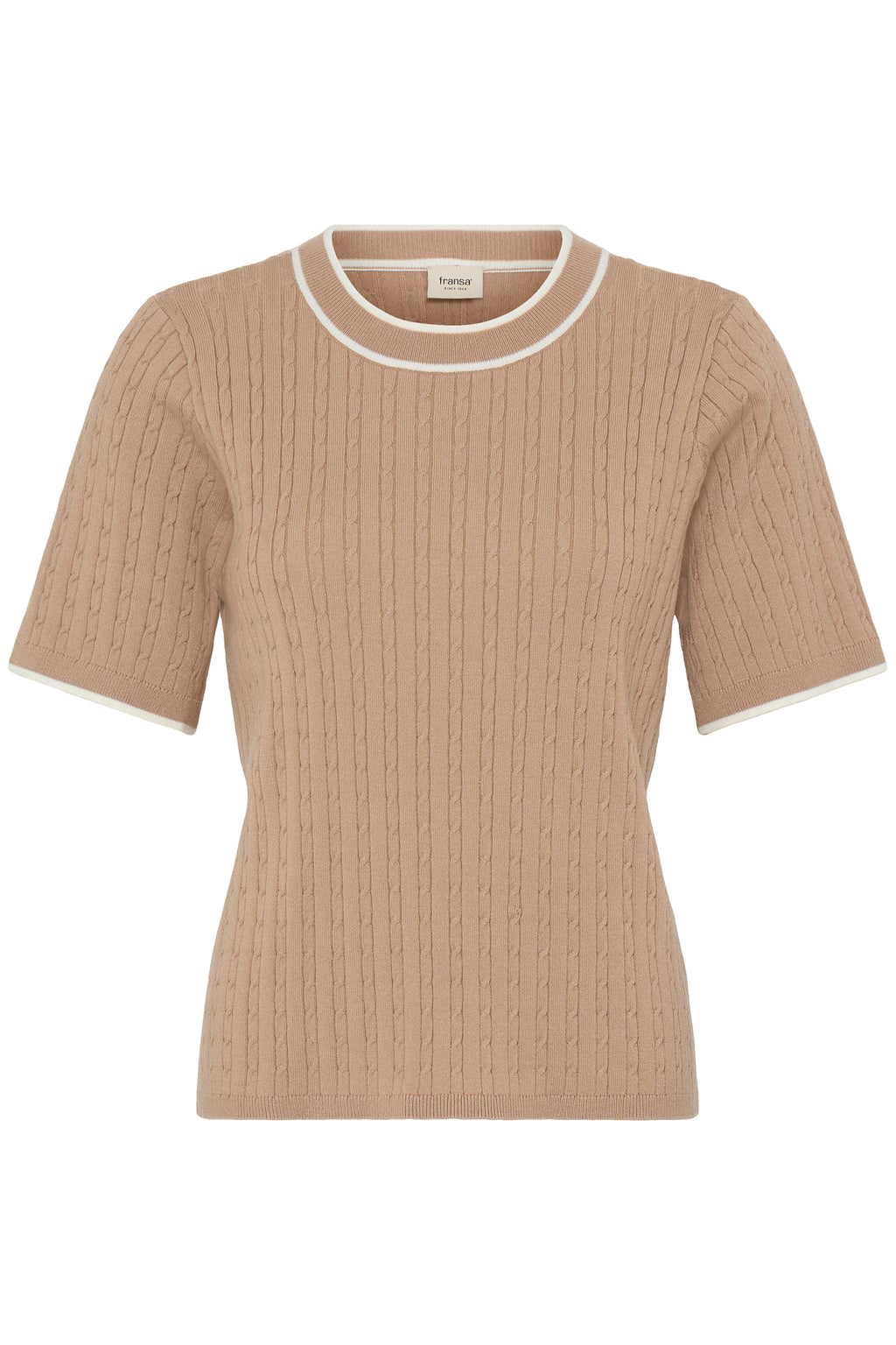 Fransa Lauren Contrast Edge Cable Knit Top - Taupe
