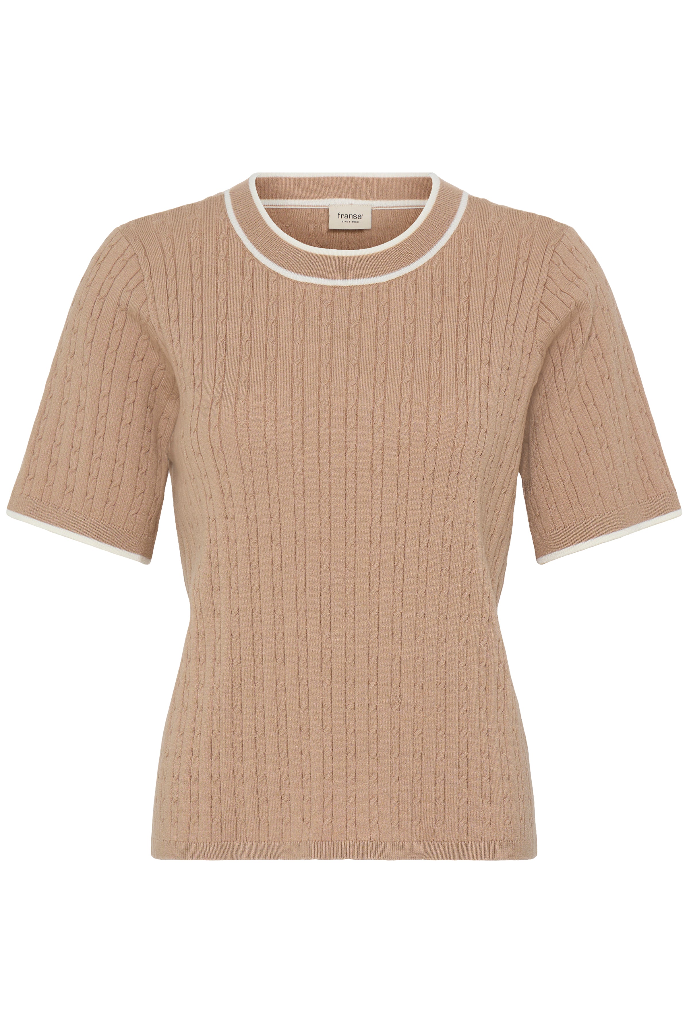 Fransa Lauren Contrast Edge Cable Knit Top - Taupe