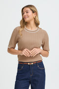 Fransa Lauren Contrast Edge Cable Knit Top - Taupe