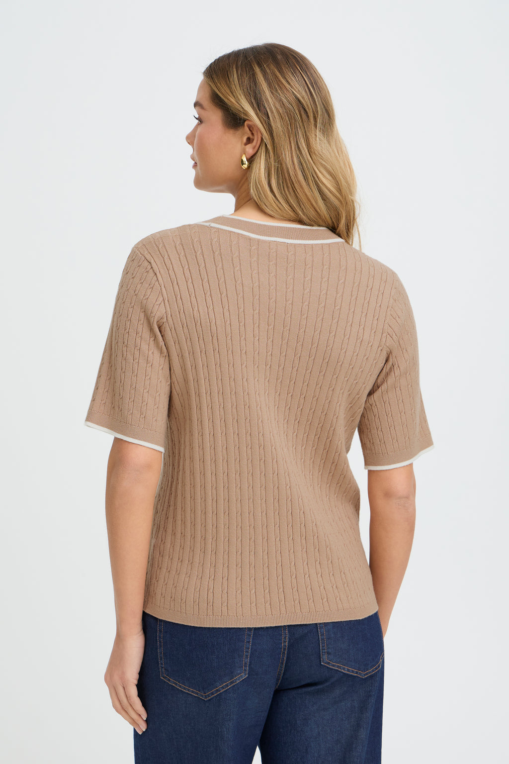 Fransa Lauren Contrast Edge Cable Knit Top - Taupe