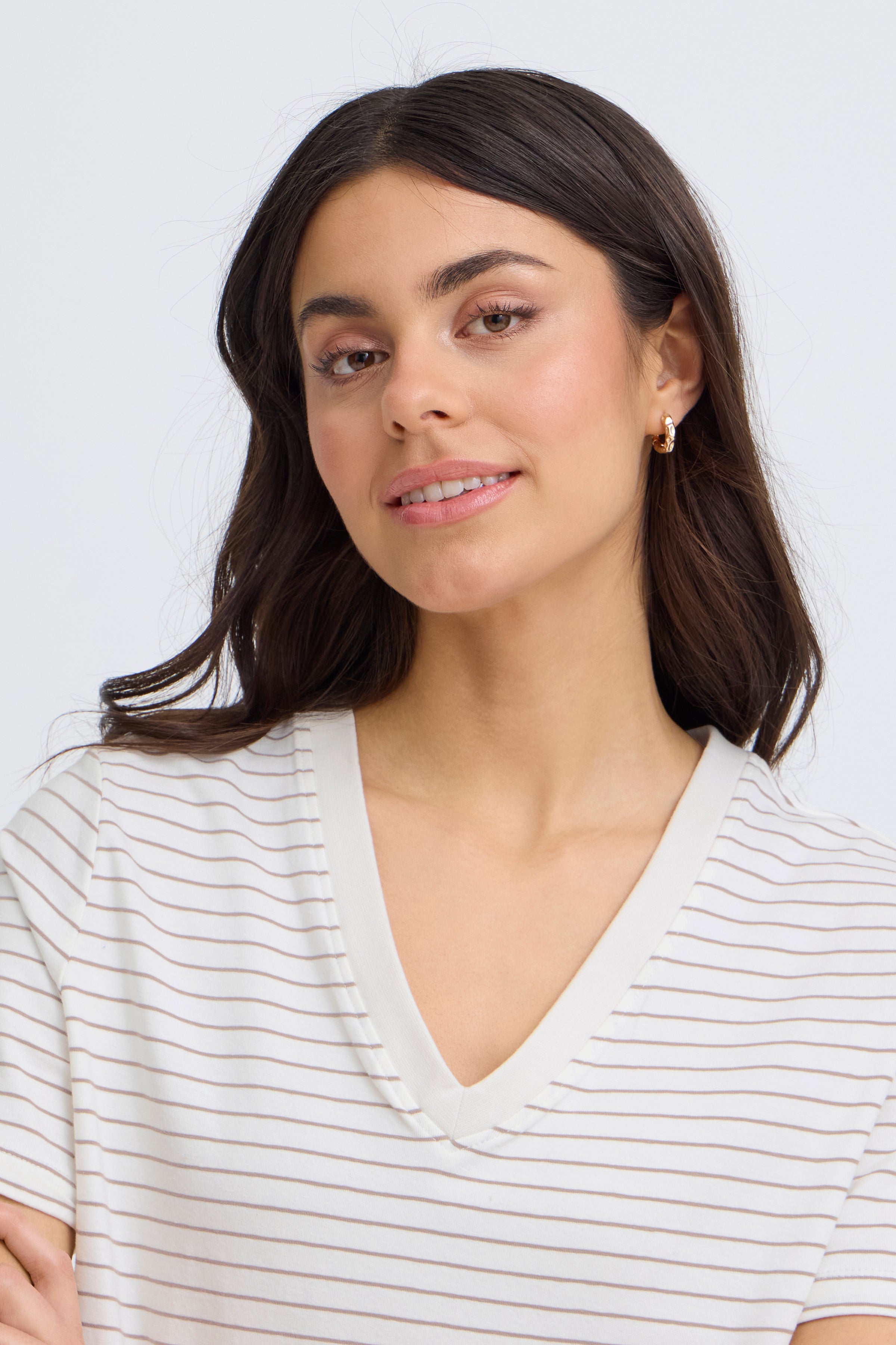 Fransa Feba V Neck T-Shirt - Brown Stripe