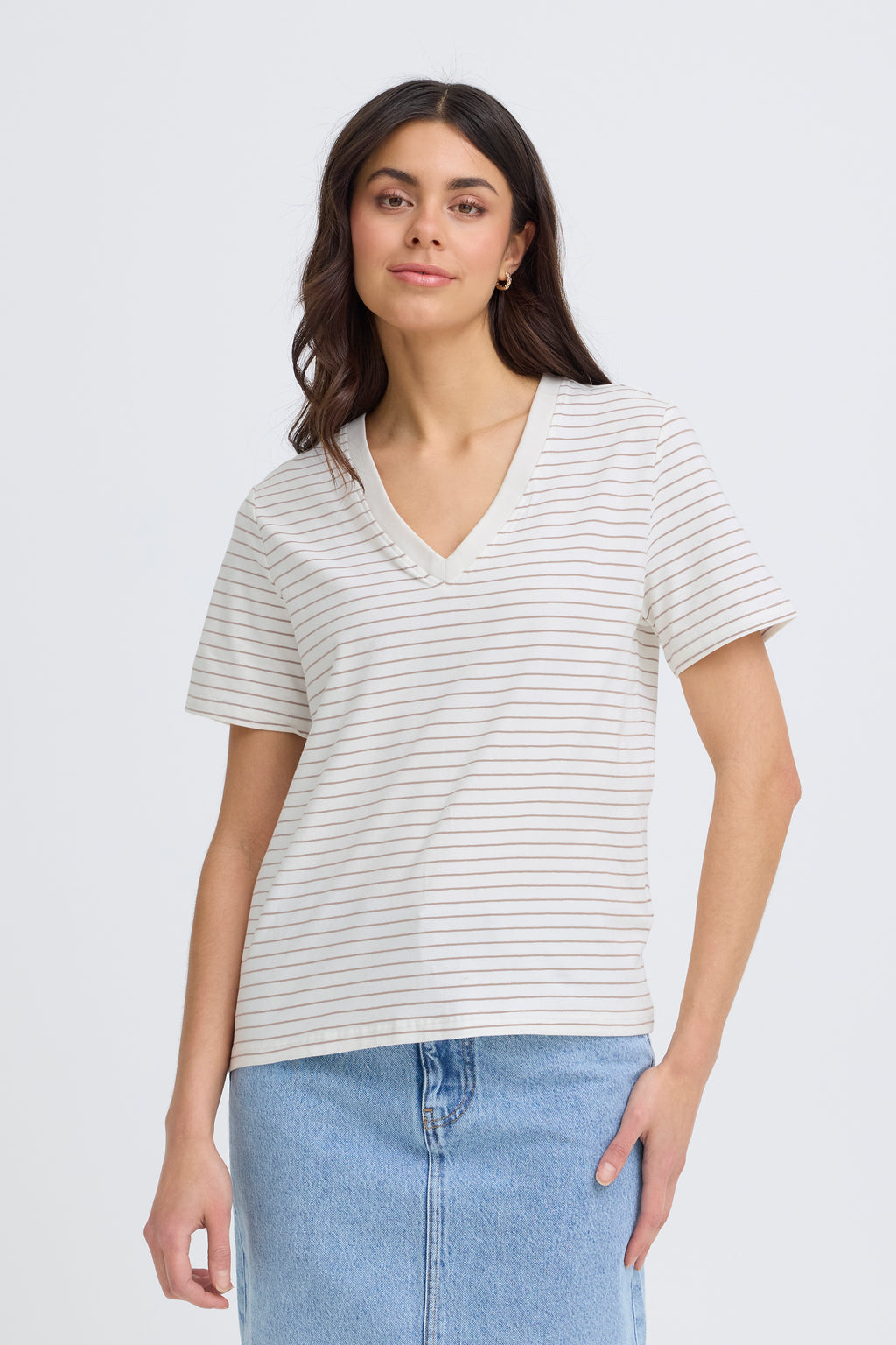 Fransa Feba V Neck T-Shirt - Brown Stripe