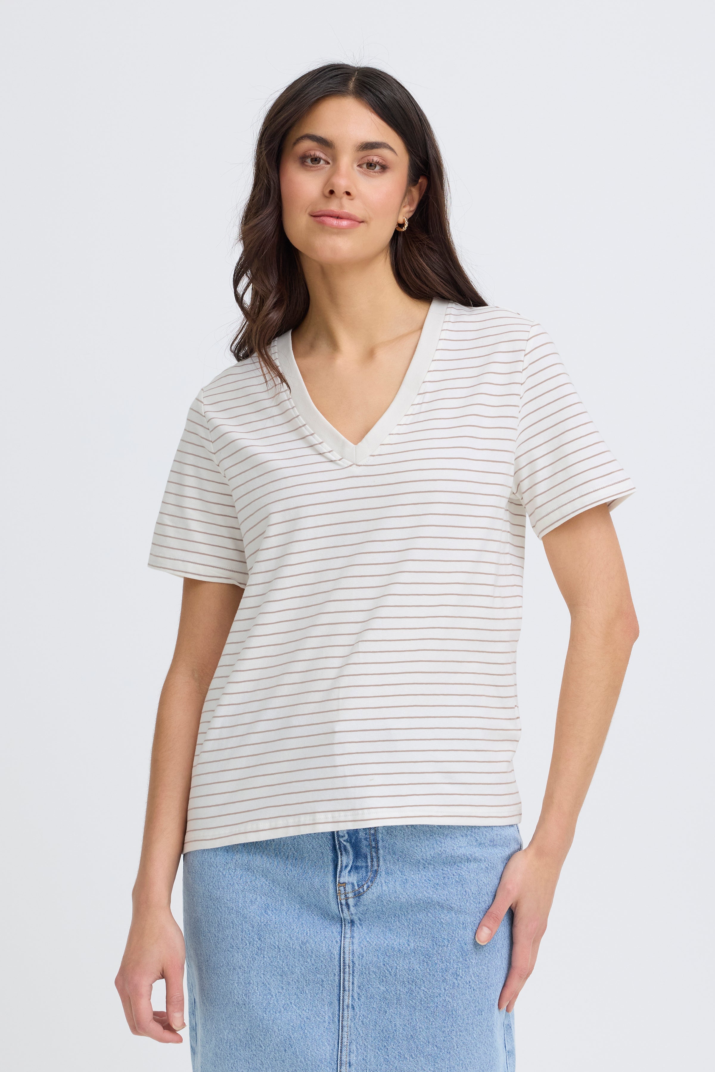 Fransa Feba V Neck T-Shirt - Brown Stripe