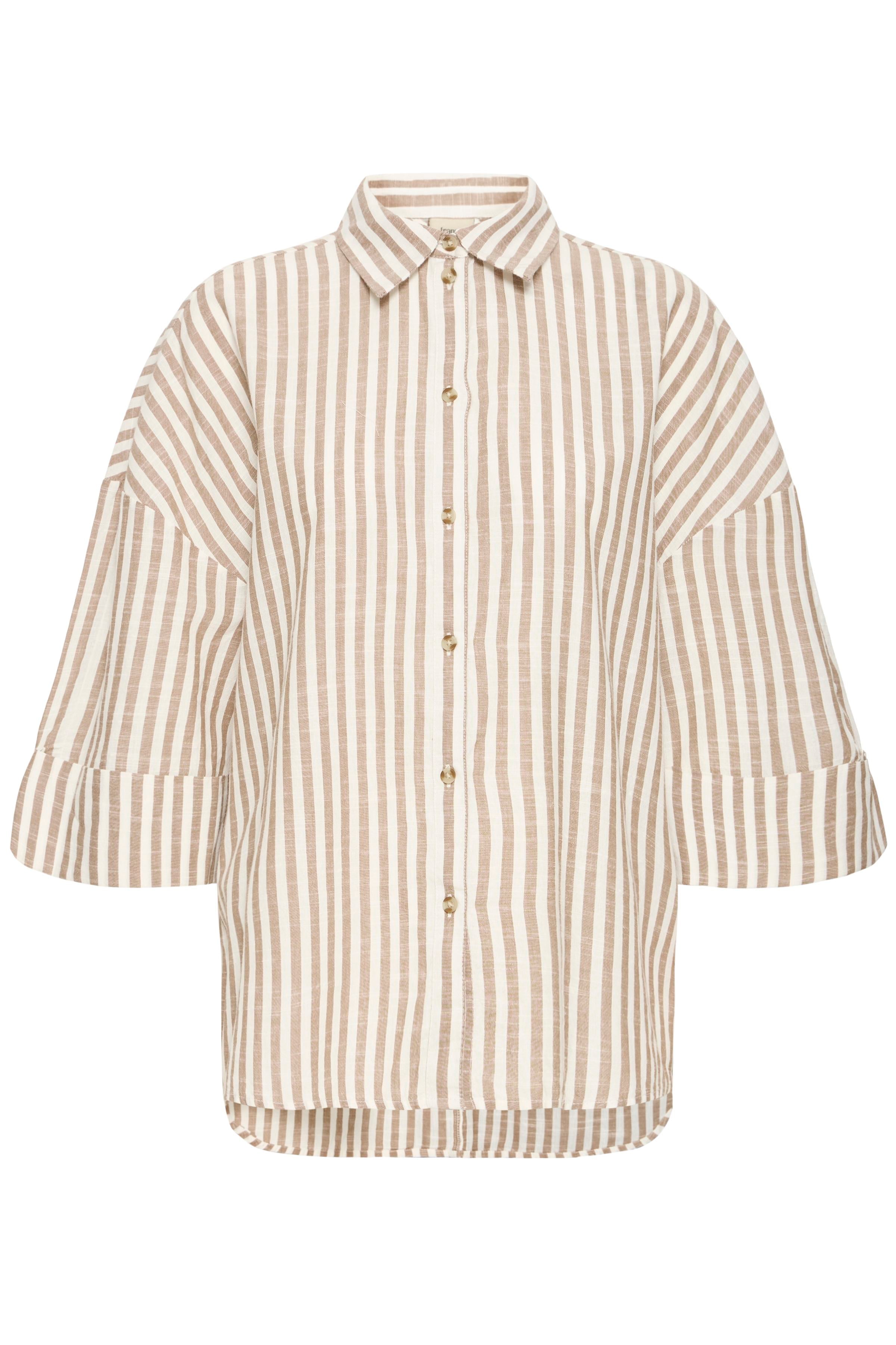 Fransa Hebe Cotton Stripe Slouchy Shirt - Beige