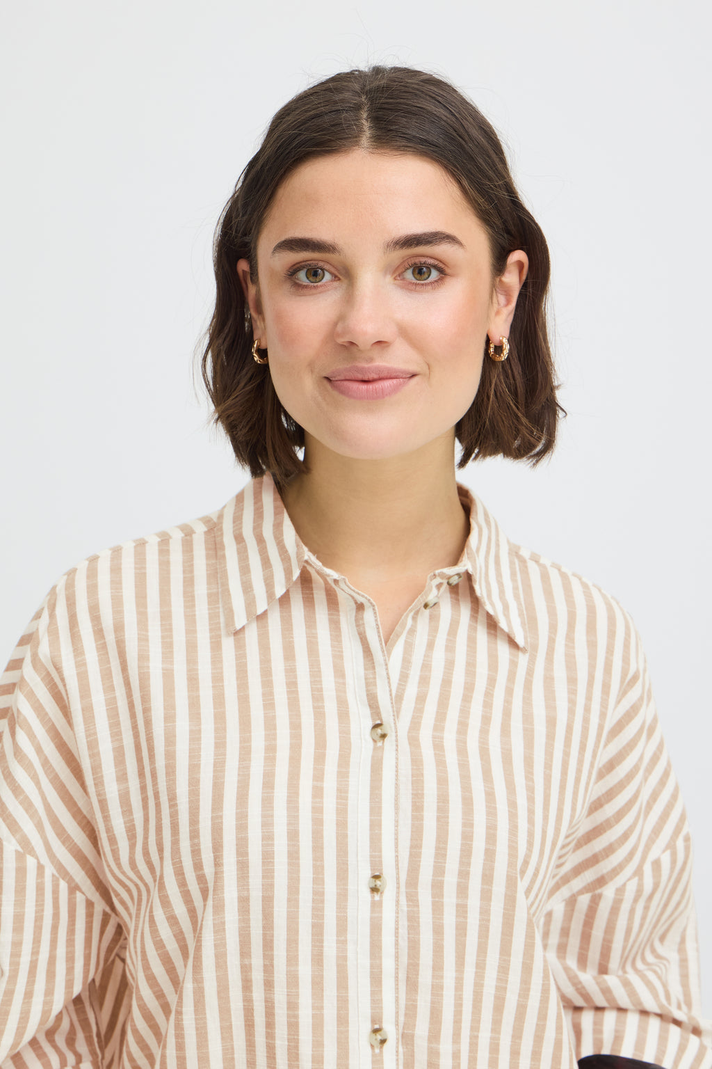 Fransa Hebe Cotton Stripe Slouchy Shirt - Beige