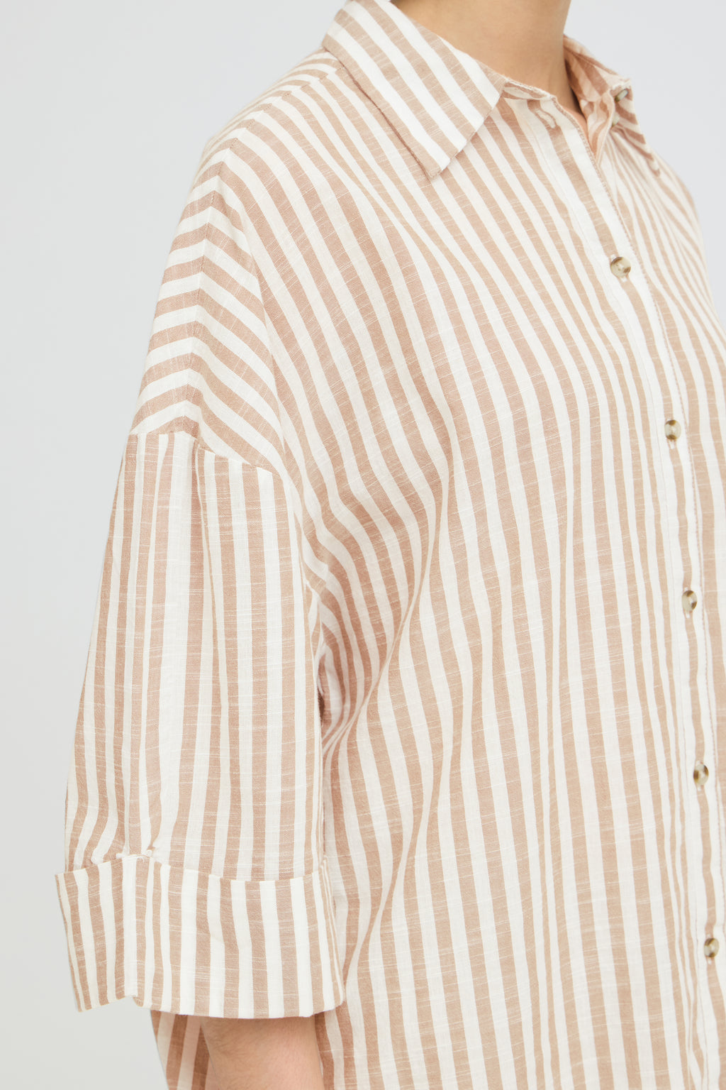 Fransa Hebe Cotton Stripe Slouchy Shirt - Beige
