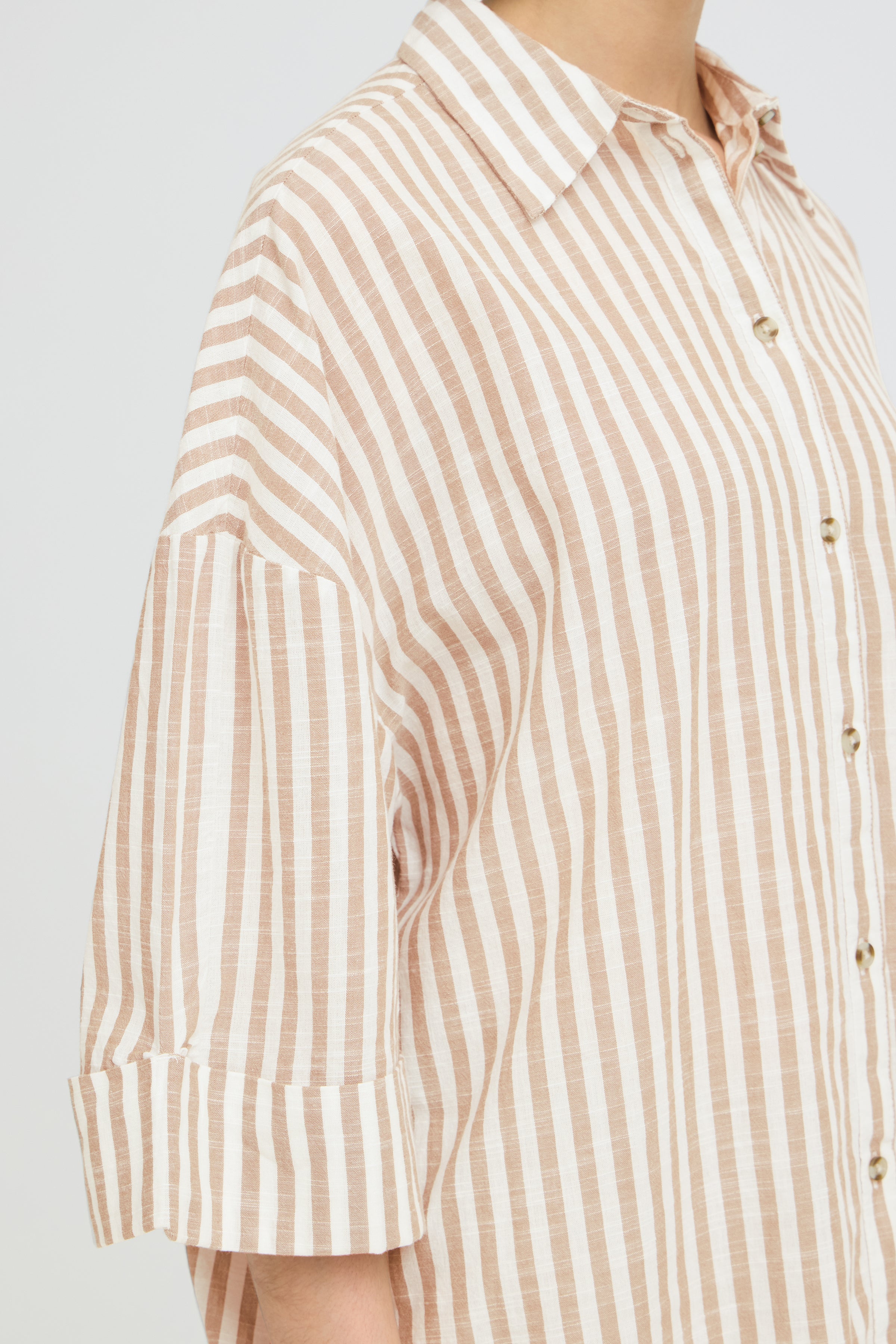 Fransa Hebe Cotton Stripe Slouchy Shirt - Beige