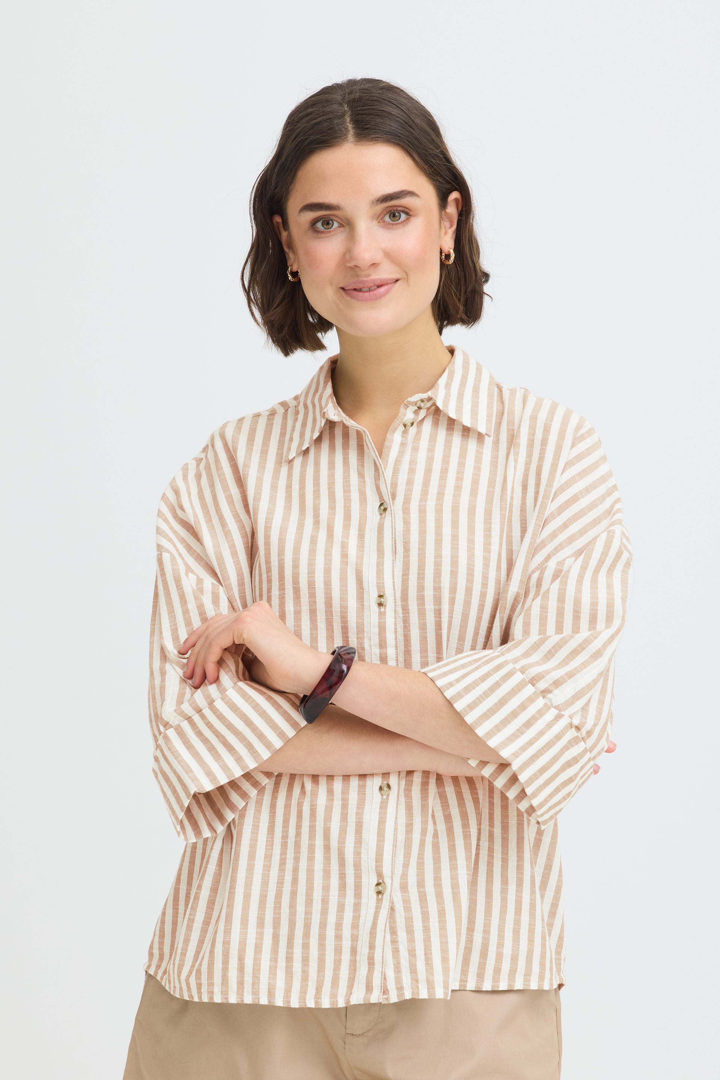 Fransa Hebe Cotton Stripe Slouchy Shirt - Beige