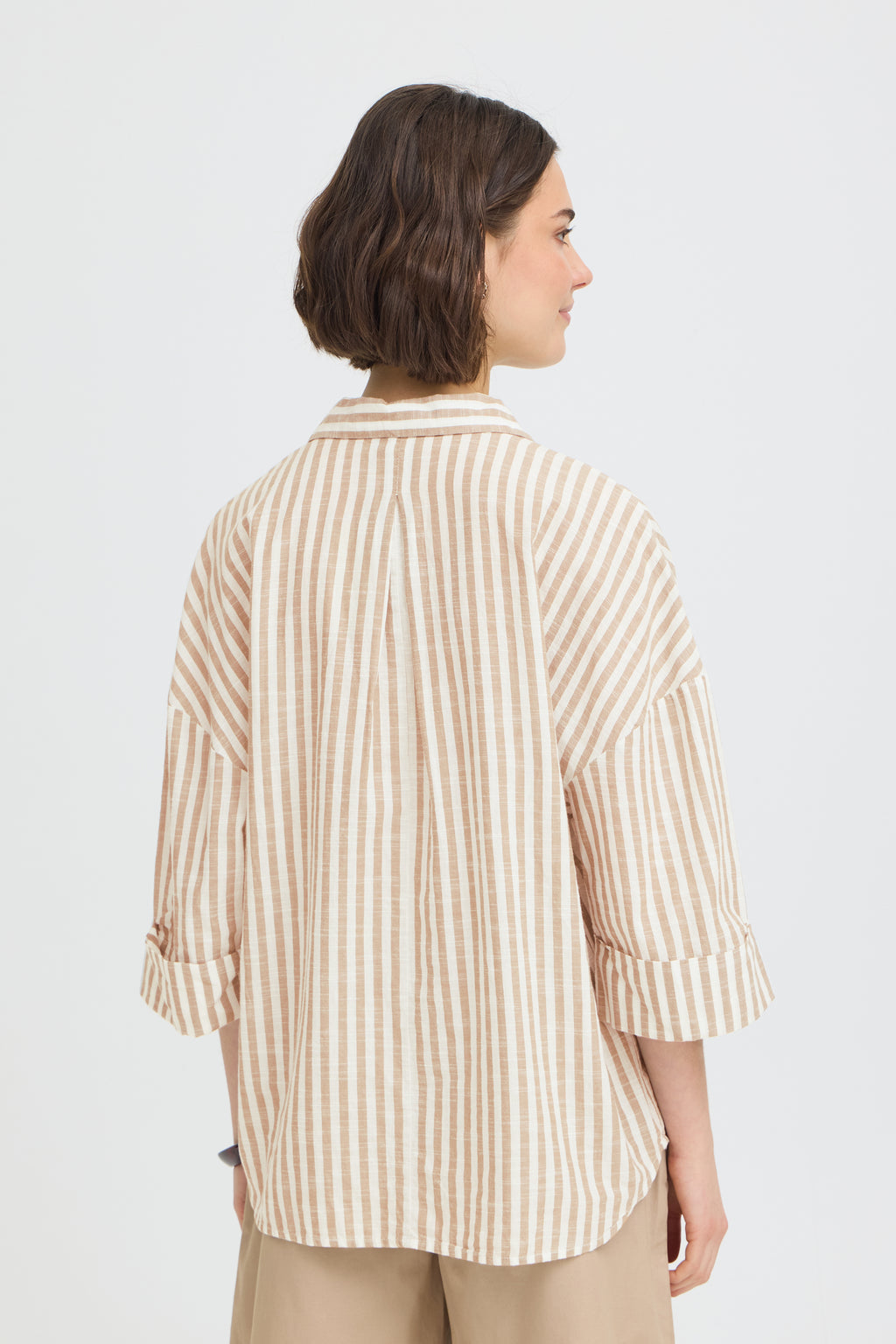Fransa Hebe Cotton Stripe Slouchy Shirt - Beige