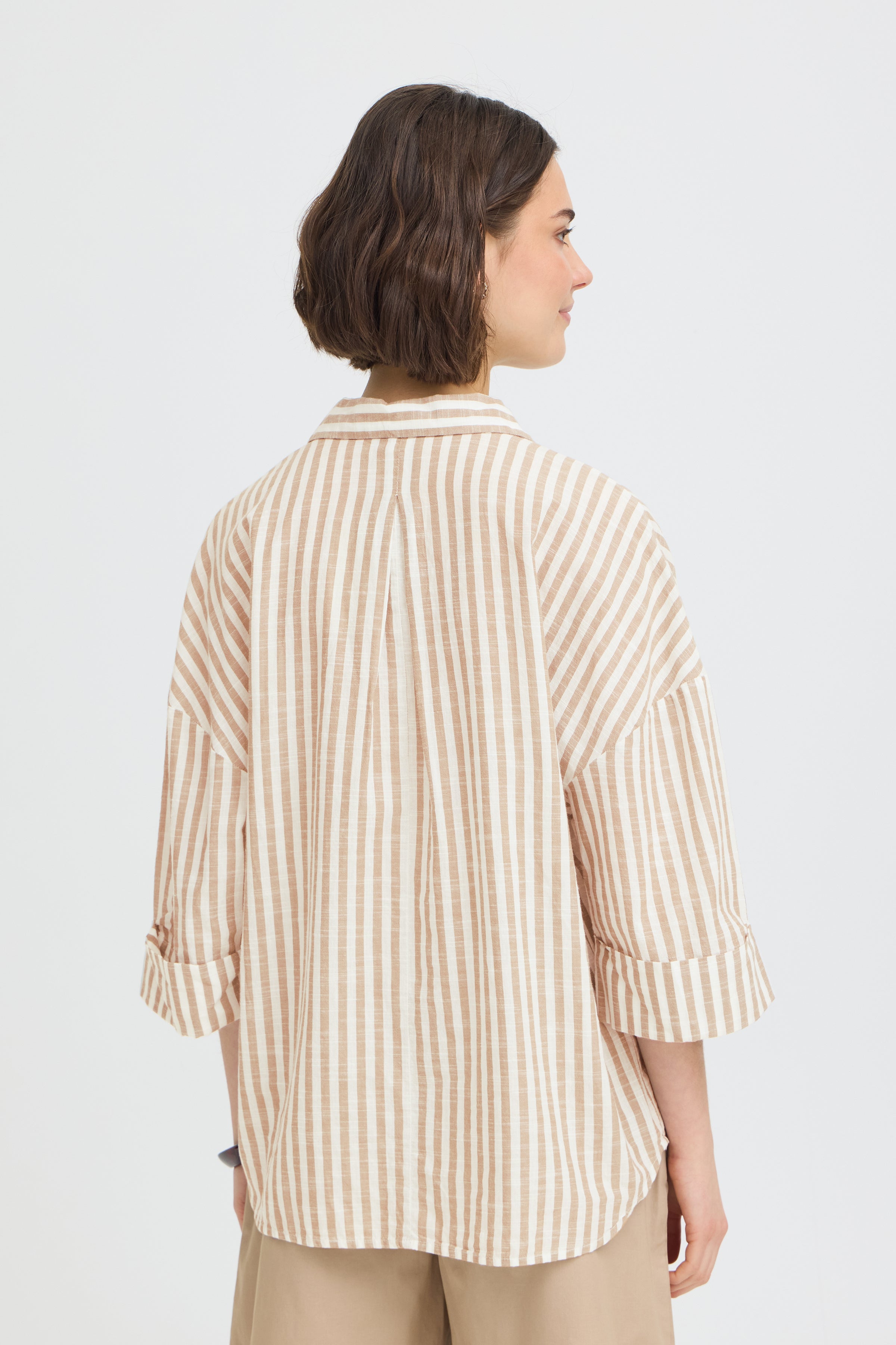 Fransa Hebe Cotton Stripe Slouchy Shirt - Beige