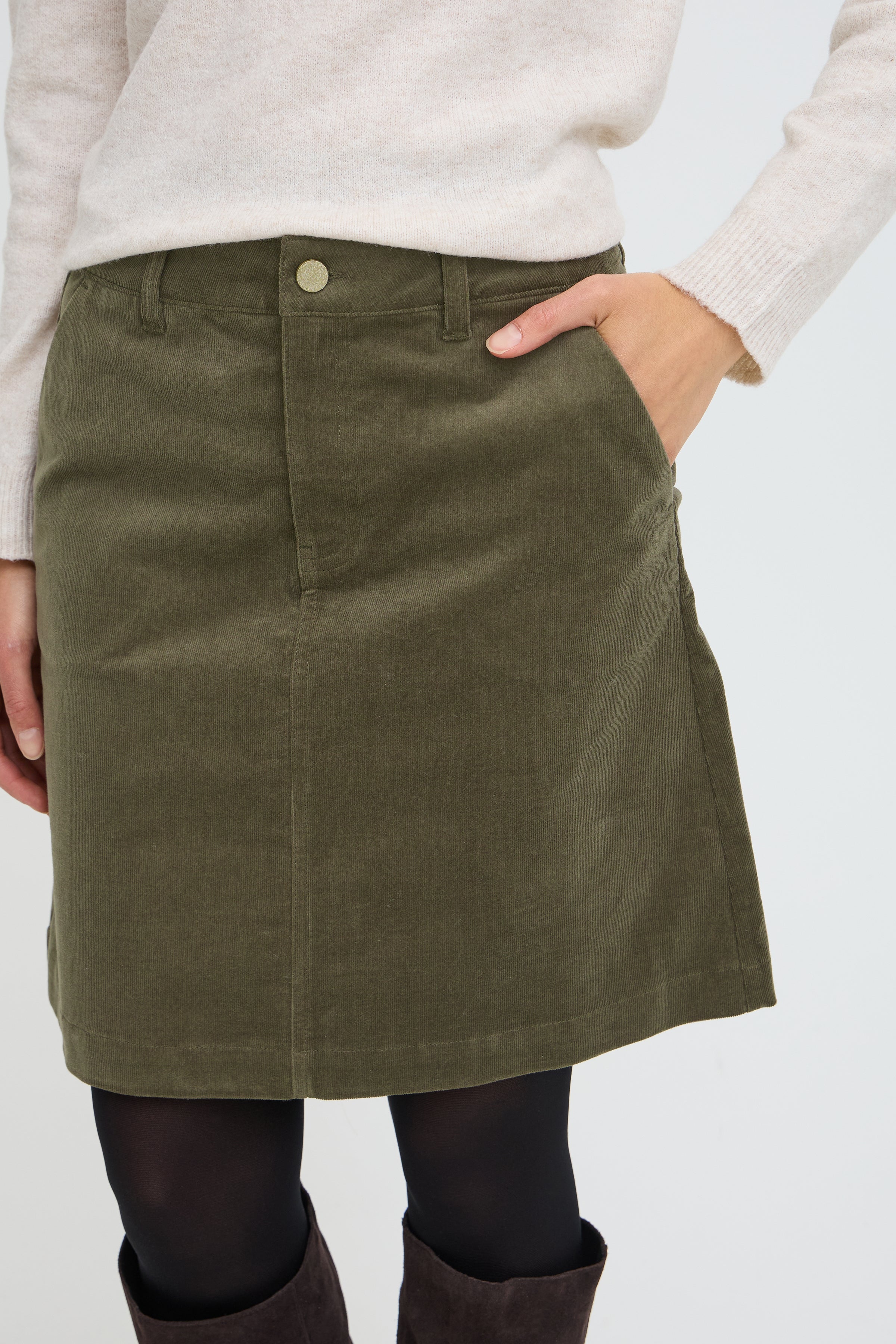 Fransa Tean Cord Knee Length Skirt – Olive