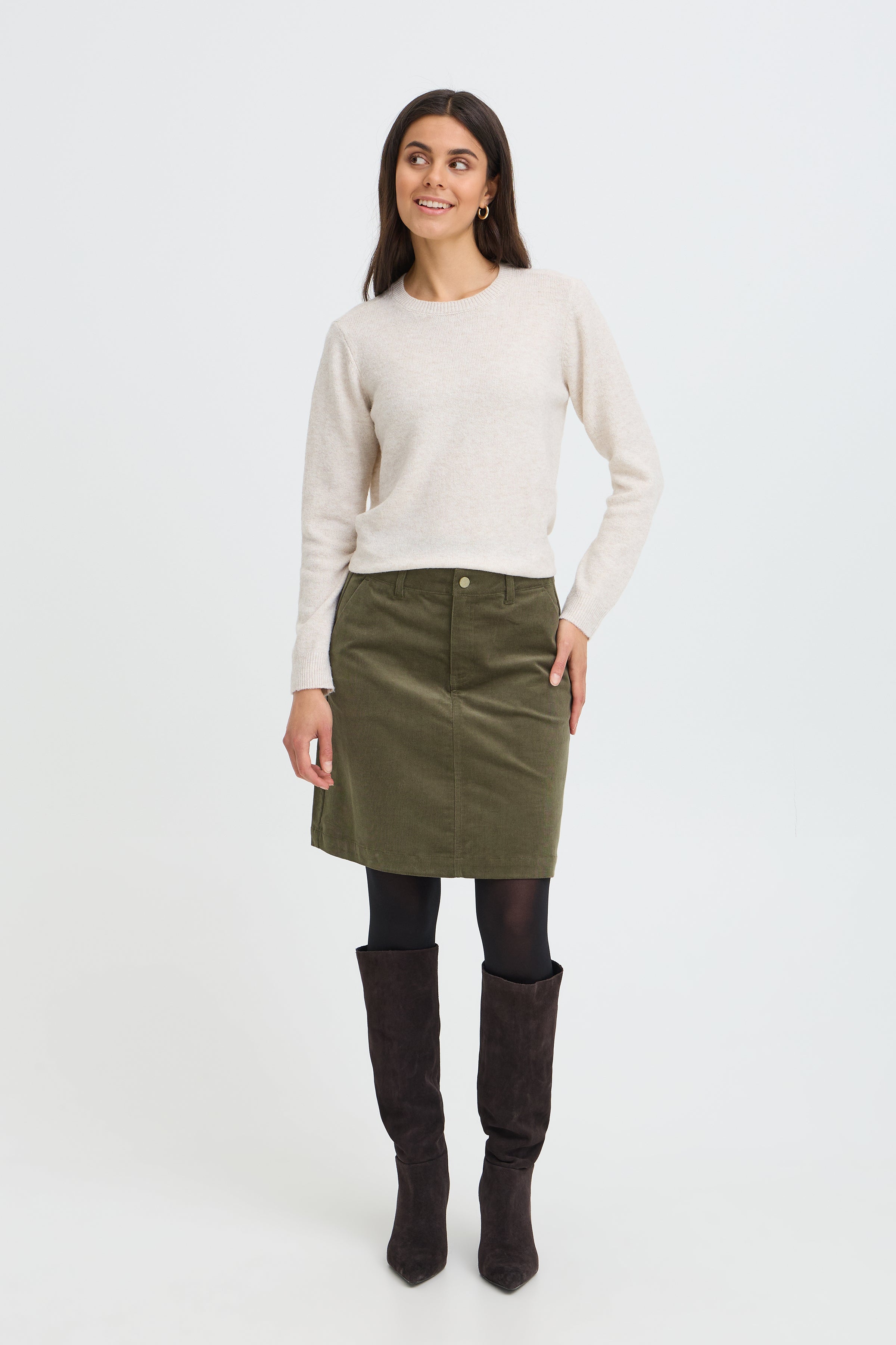Fransa Tean Cord Knee Length Skirt – Olive