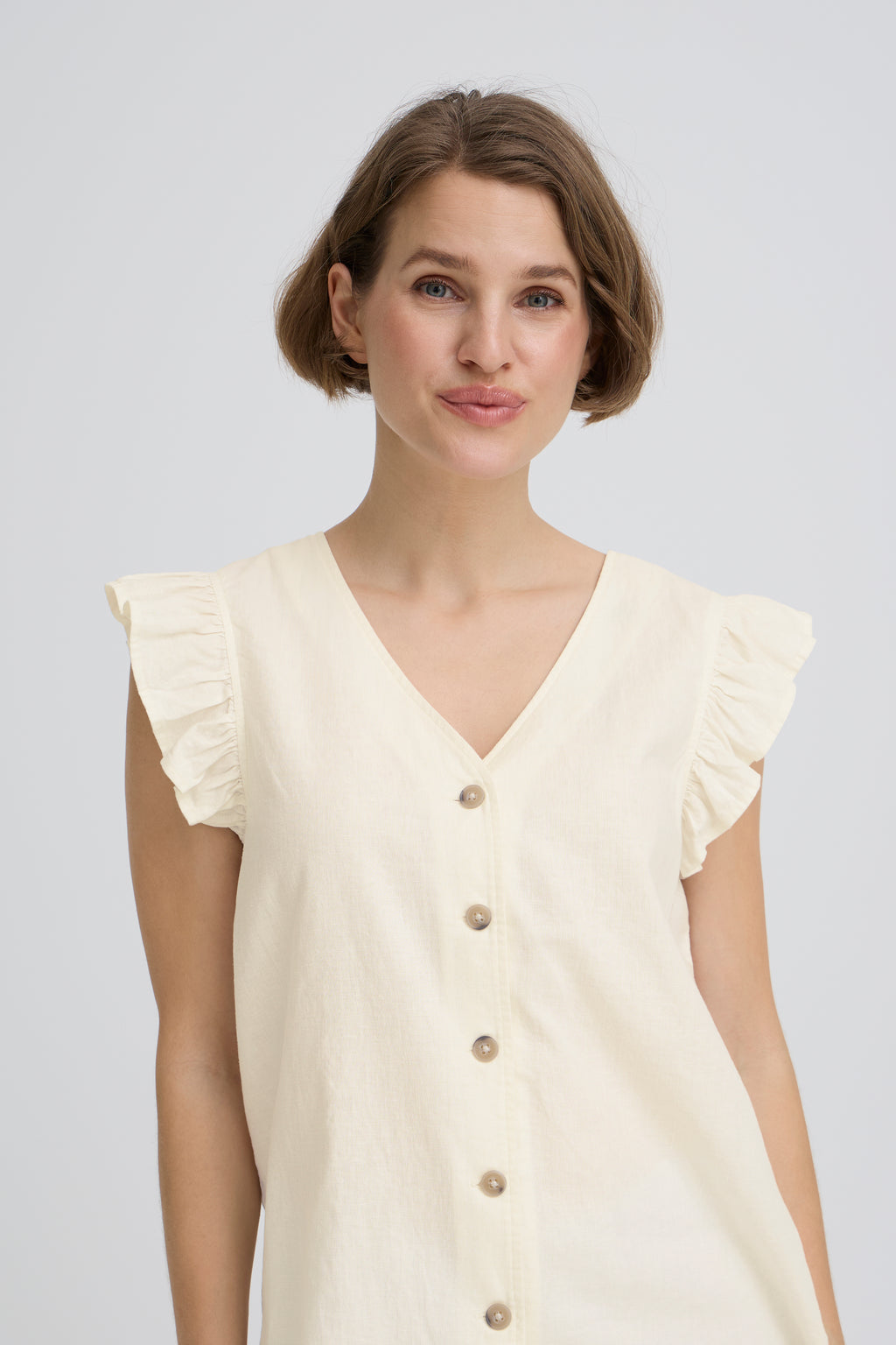 B.Young Falakka Ruffle Sleeve Button Front Blouse - Cream
