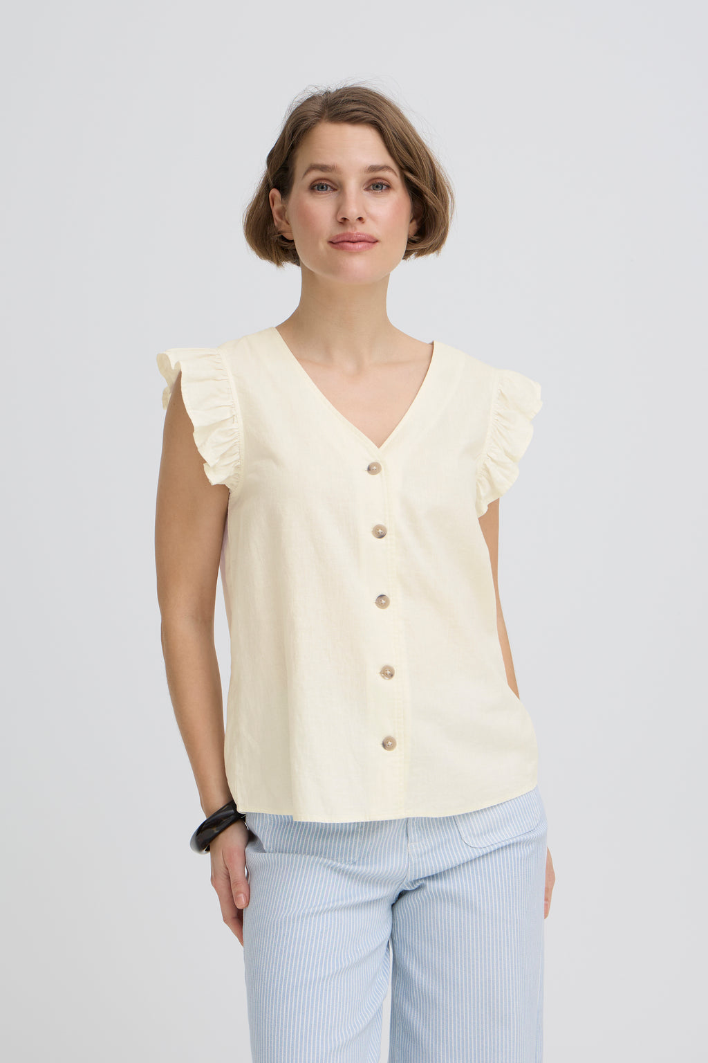 B.Young Falakka Ruffle Sleeve Button Front Blouse - Cream