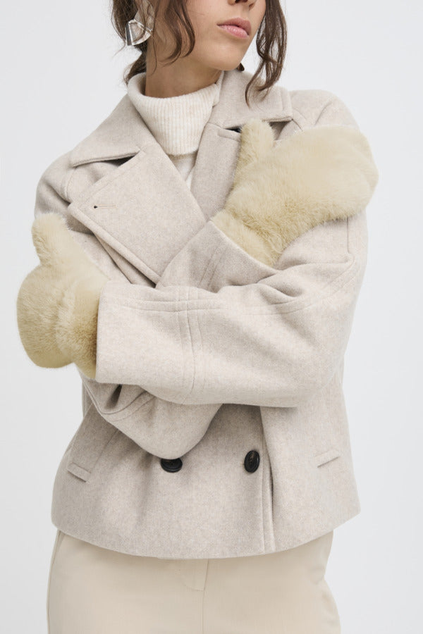 B.Young Wolfie Faux Fur Mittens - Beige