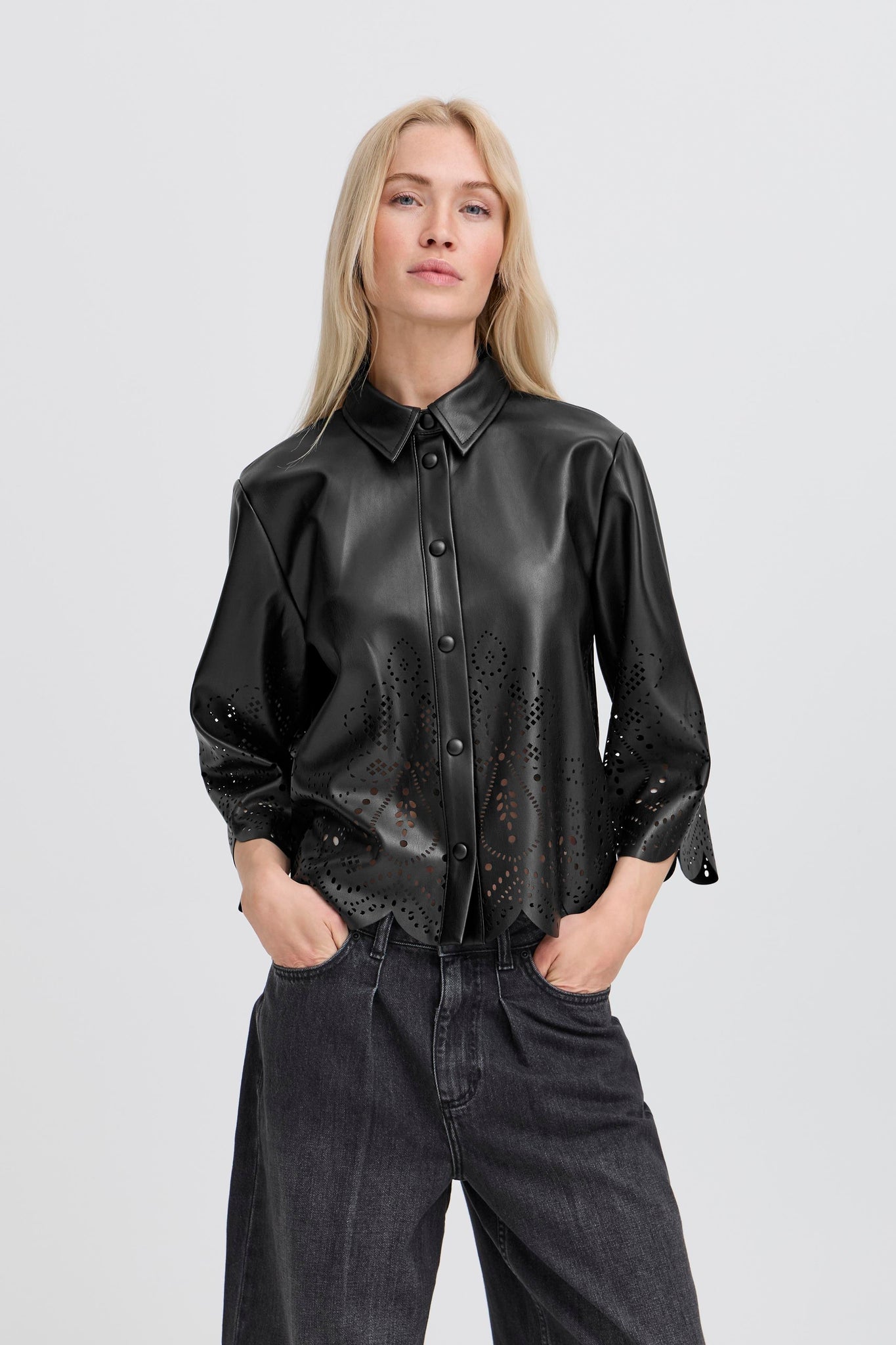 B.Young Densio Faux Leather Lasercut Shirt