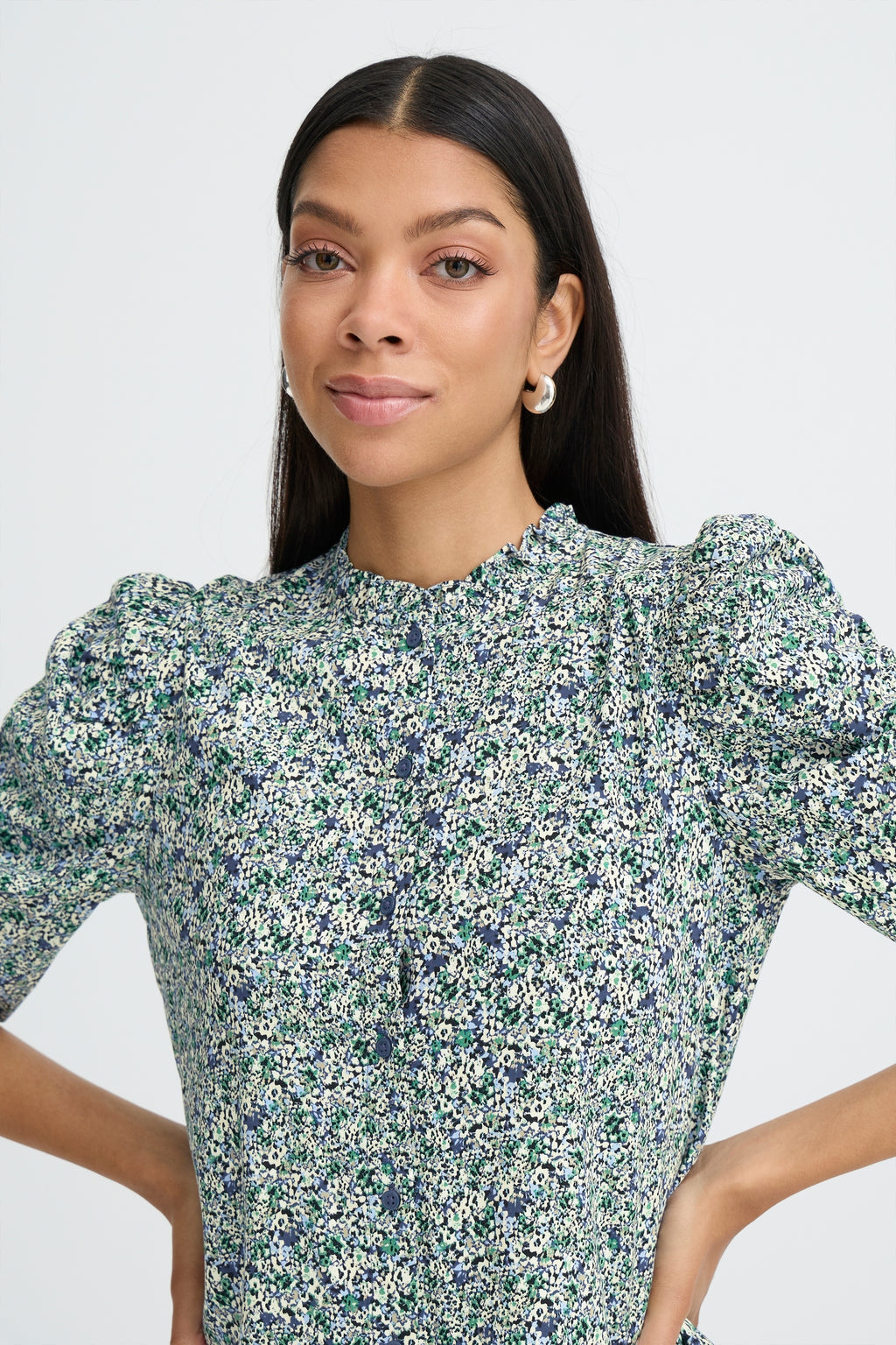B.Young Gabria Puff Sleeve Floral Button Up Blouse