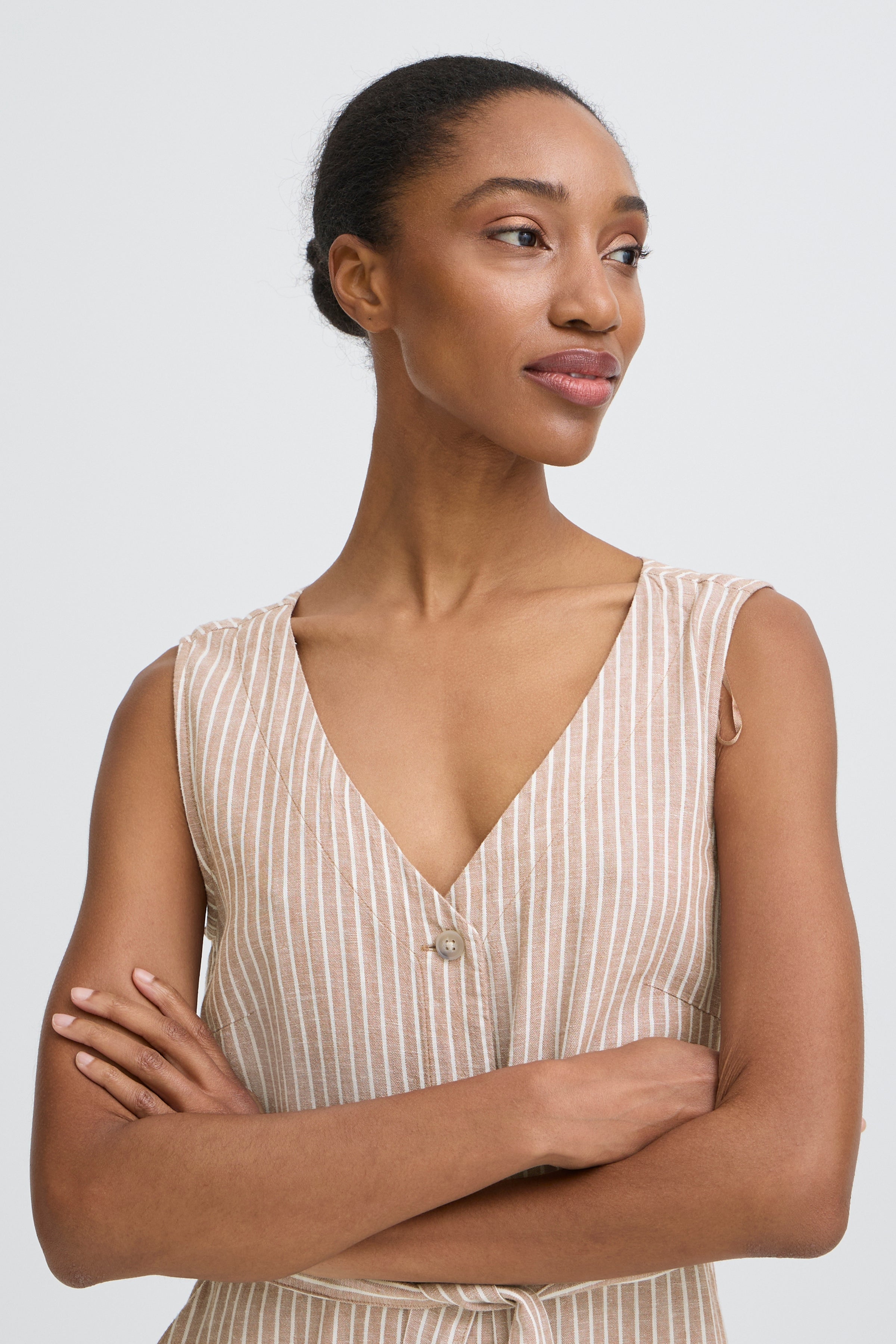 B.Young Falakka Linen Blend Button Stripe Midi Dress