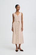B.Young Falakka Linen Blend Button Stripe Midi Dress