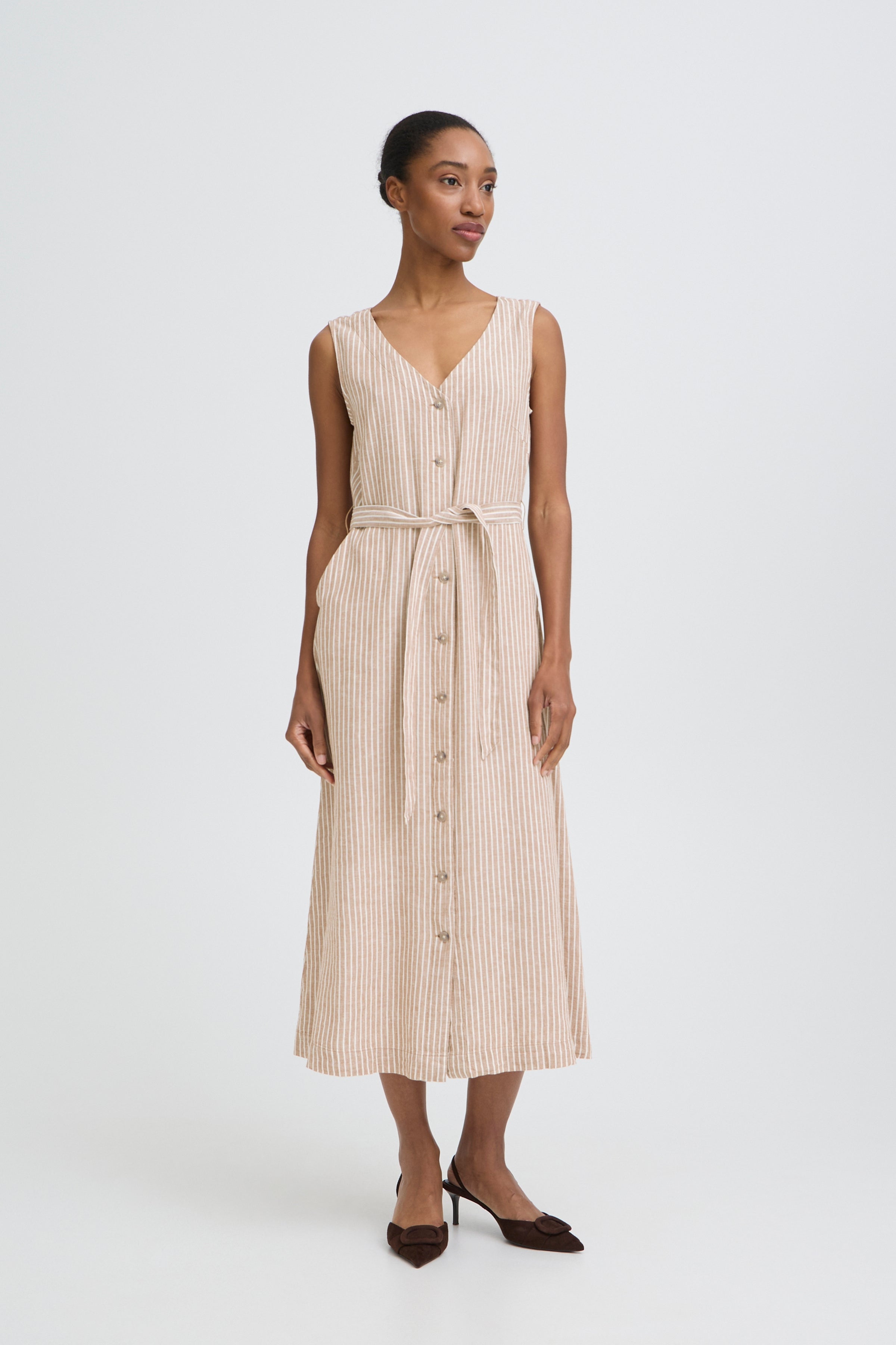 B.Young Falakka Linen Blend Button Stripe Midi Dress