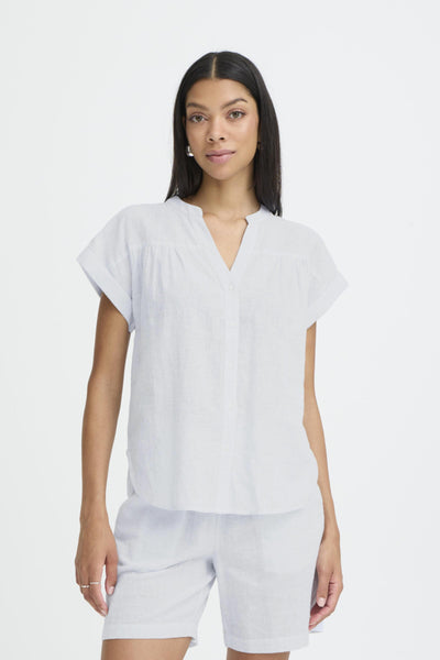 B.Young Izola Stripe V-Neck Button Front Blouse - Blue