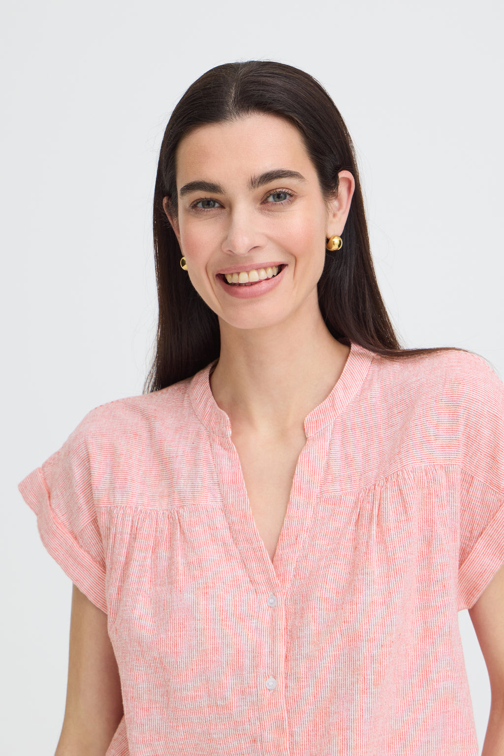 B.Young Izola Stripe V-Neck Button Front Blouse - Red