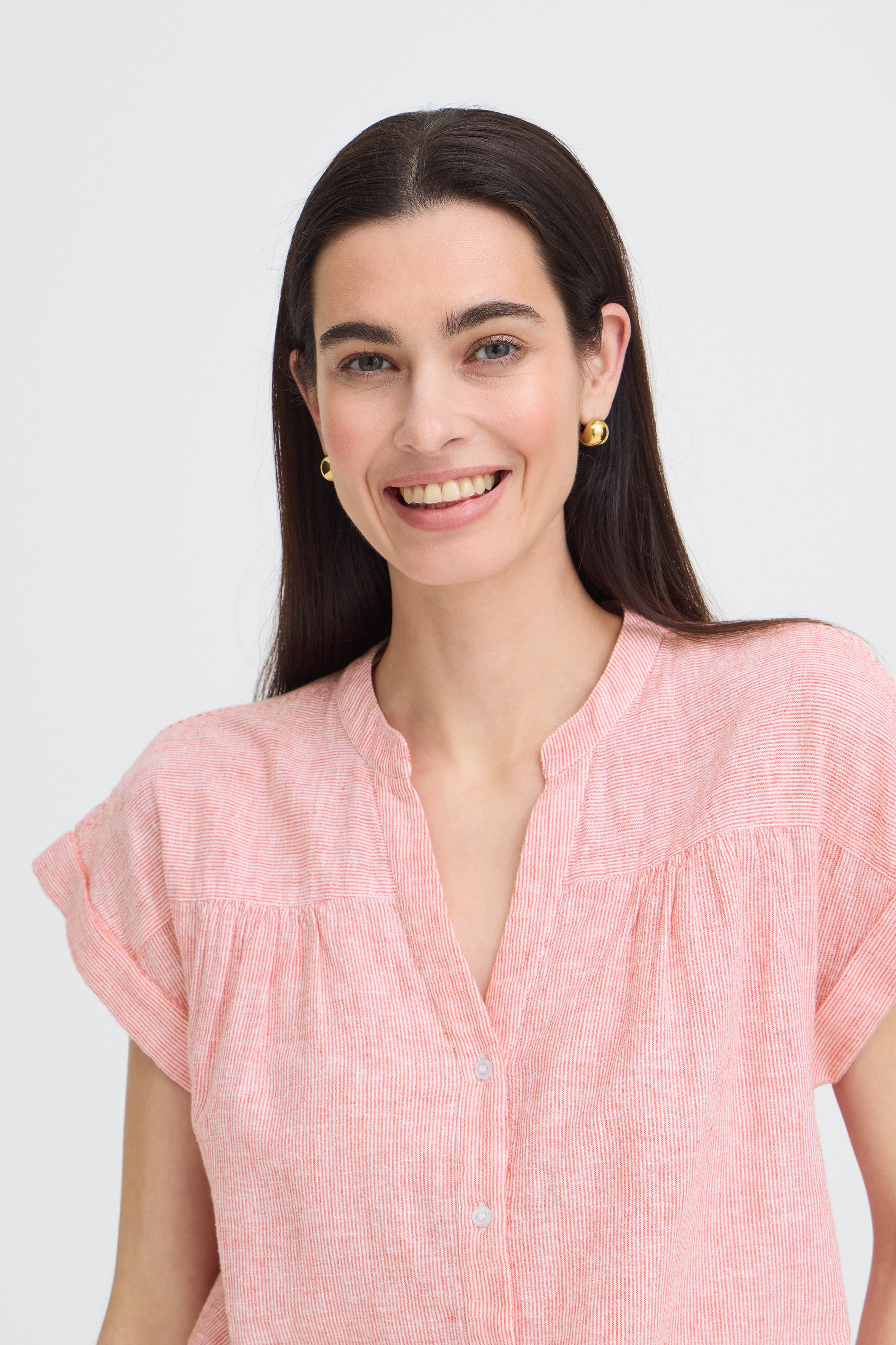B.Young Izola Stripe V-Neck Button Front Blouse - Red