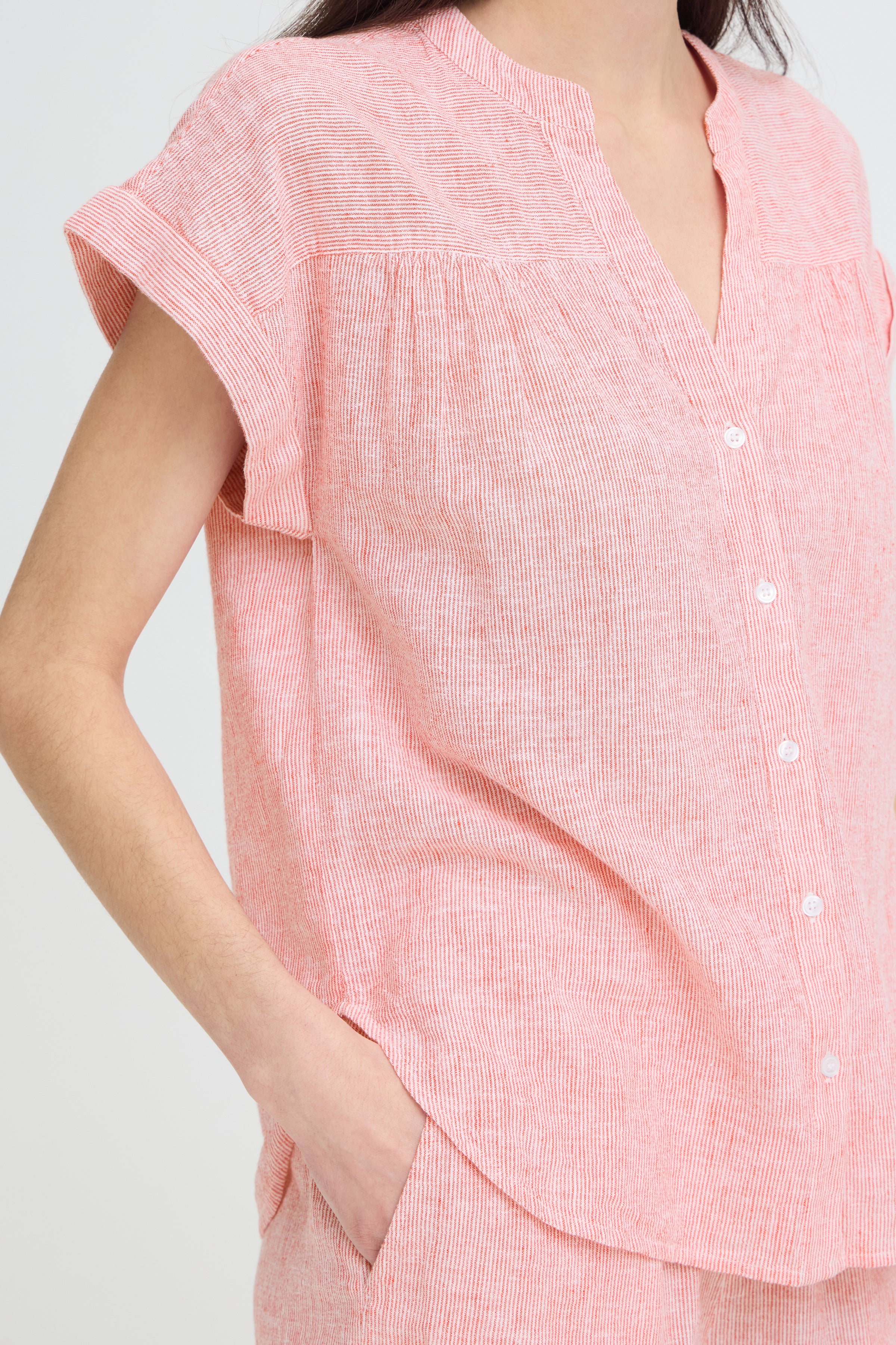 B.Young Izola Stripe V-Neck Button Front Blouse - Red