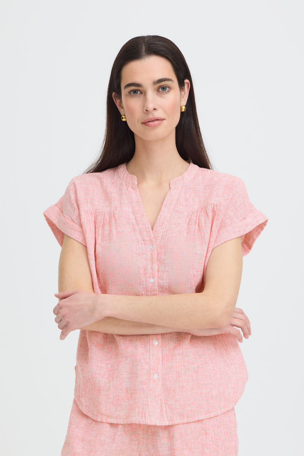 B.Young Izola Stripe V-Neck Button Front Blouse - Red