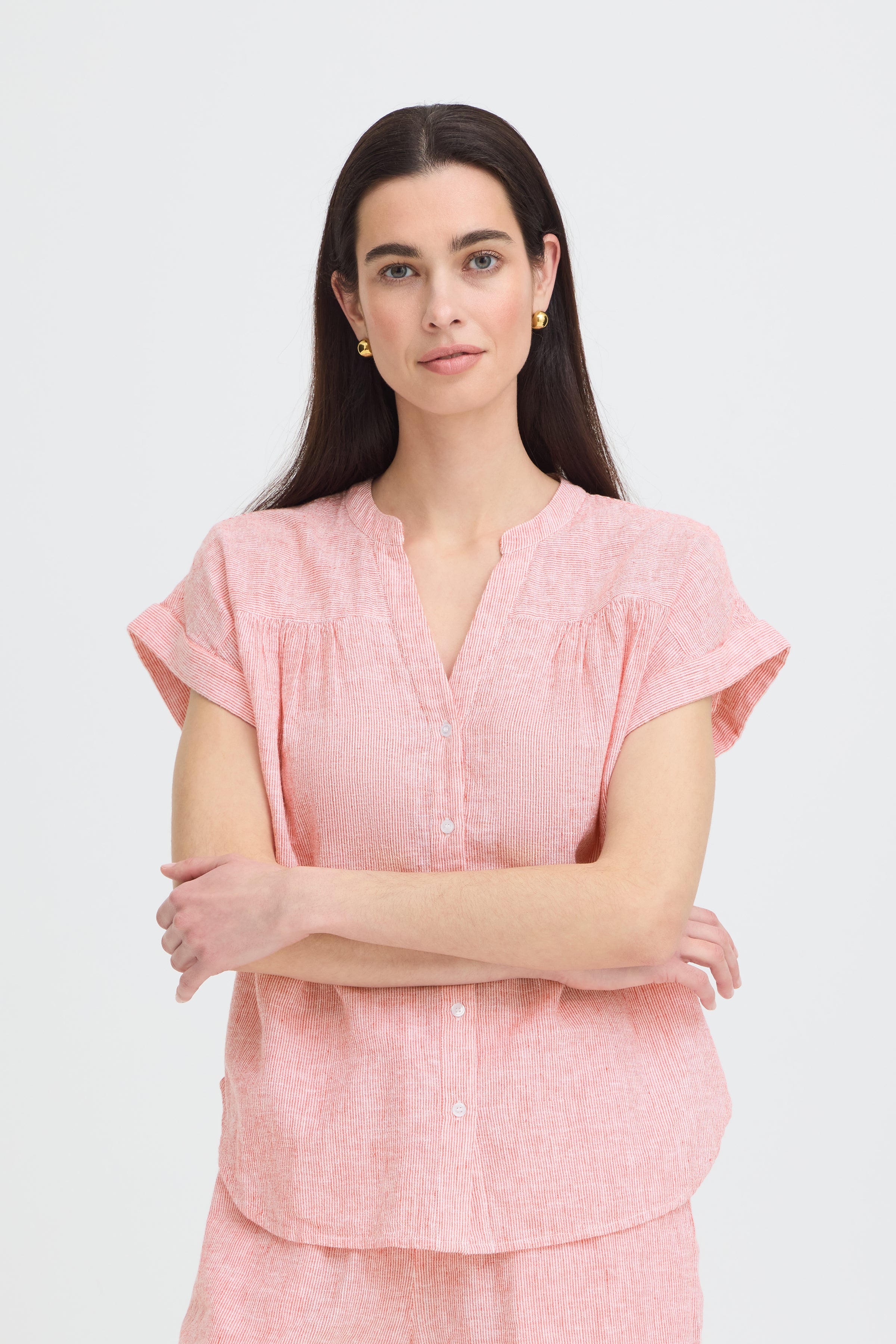 B.Young Izola Stripe V-Neck Button Front Blouse - Red