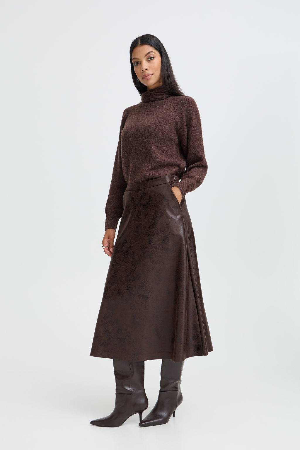 B.Young Dimian Faux Leather A-Line Midi Skirt