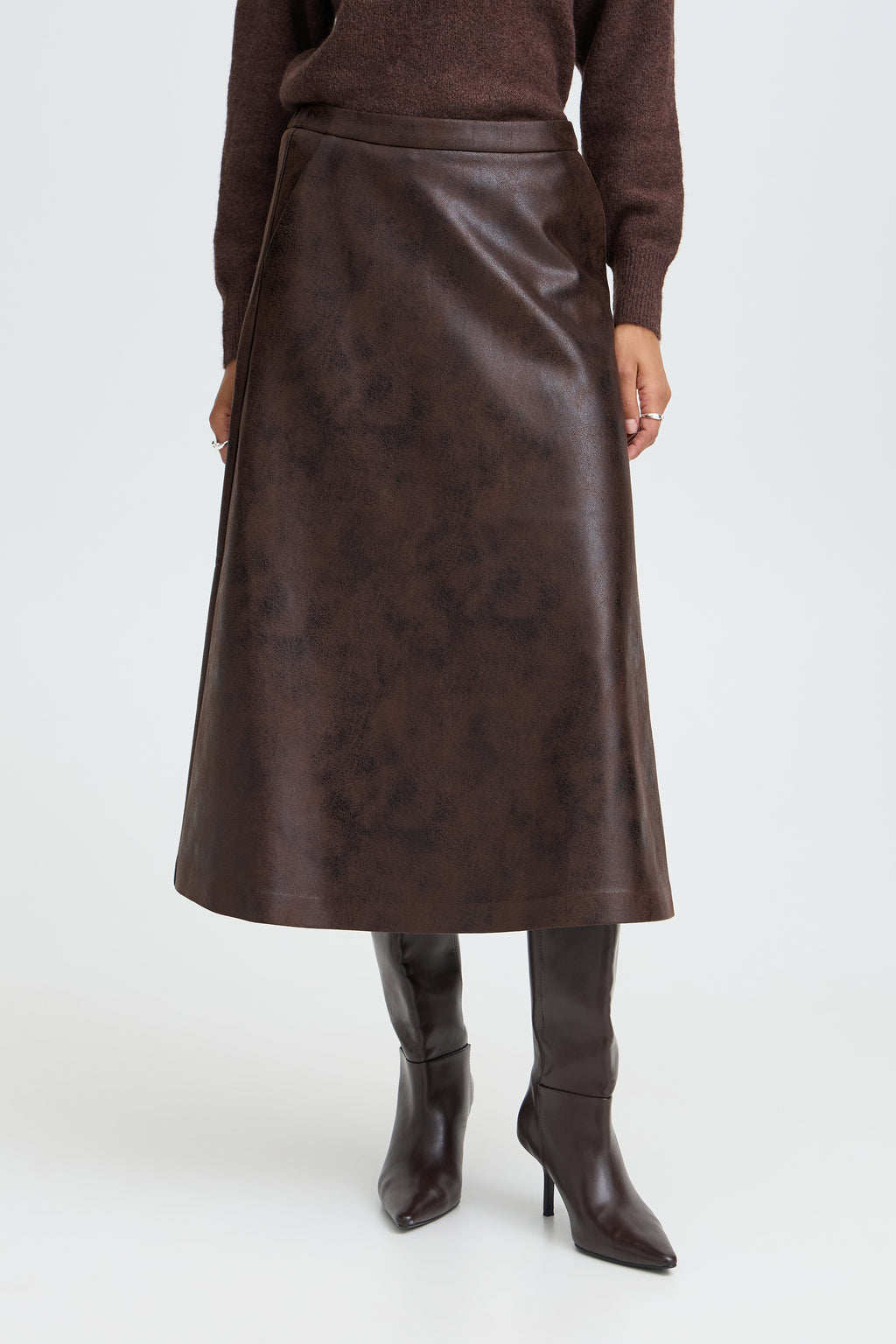 B.Young Dimian Faux Leather A-Line Midi Skirt