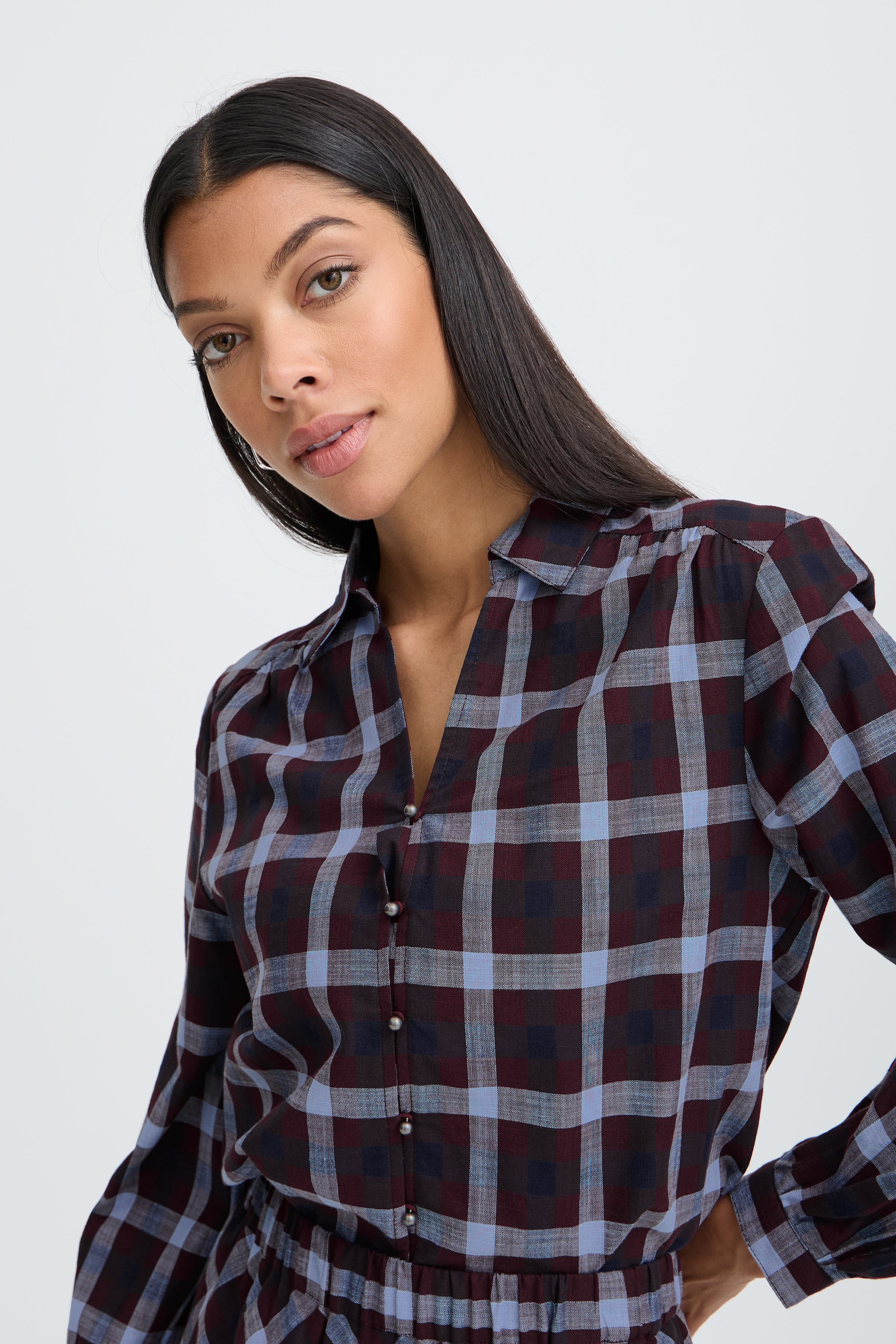 B.Young Flanny Check V-Neck Button Through Shirt