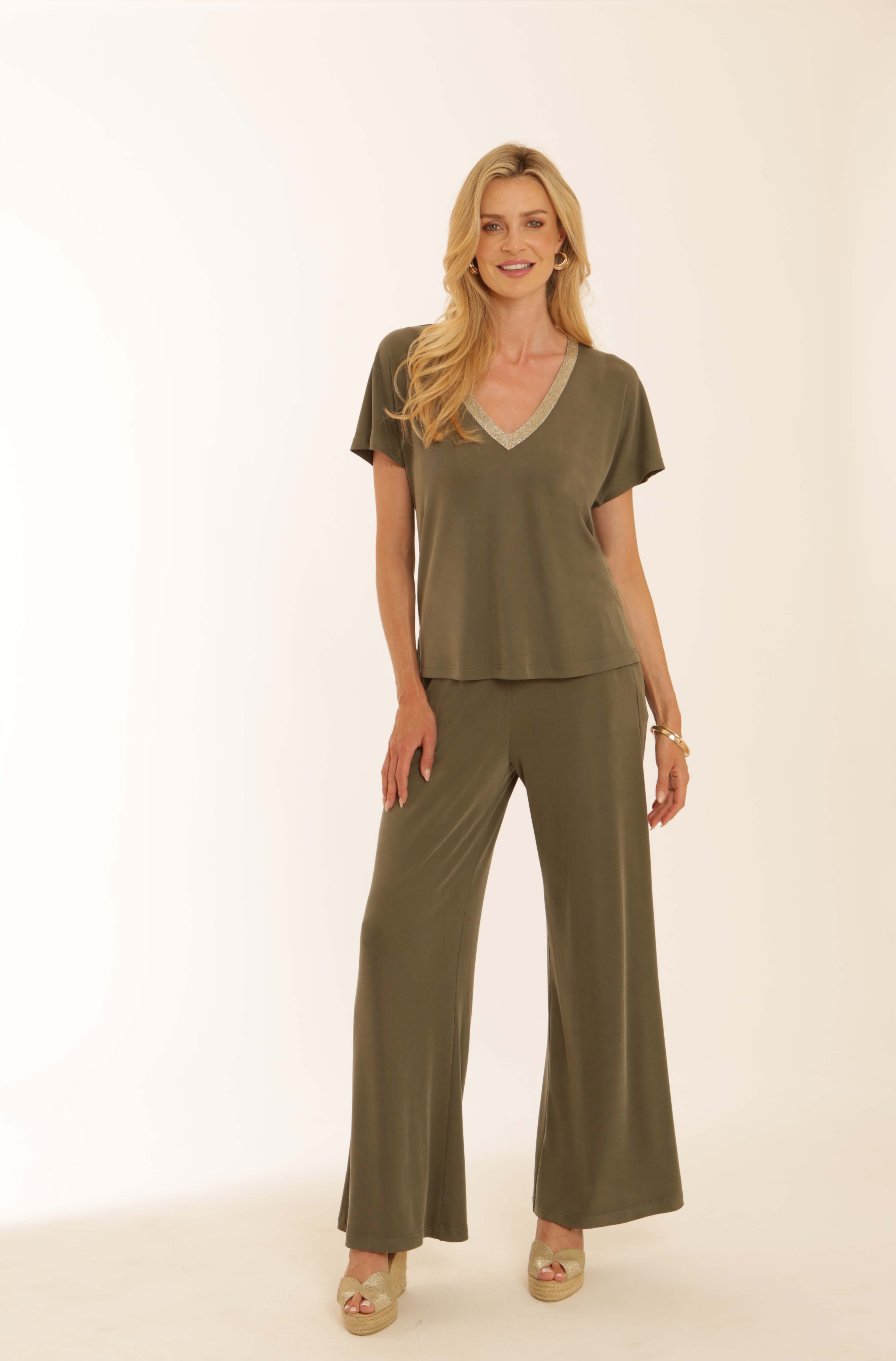 Pomodoro Cupro Metallic Trim Top - Khaki