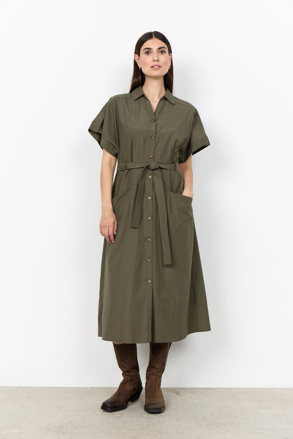 Soyaconcept Netti Short Sleeve Midi Shirt Dress - Khaki