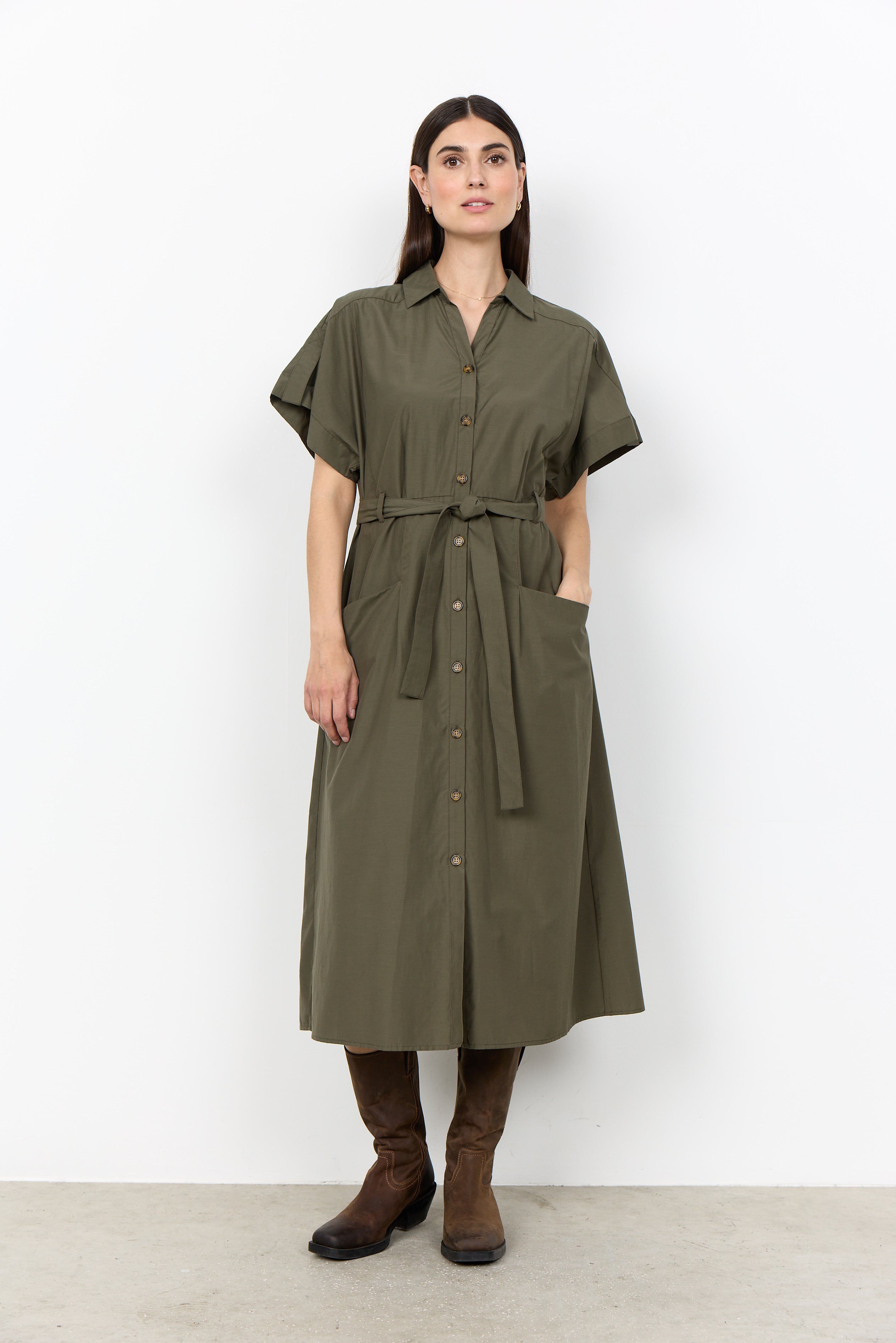 Soyaconcept Netti Short Sleeve Midi Shirt Dress - Khaki