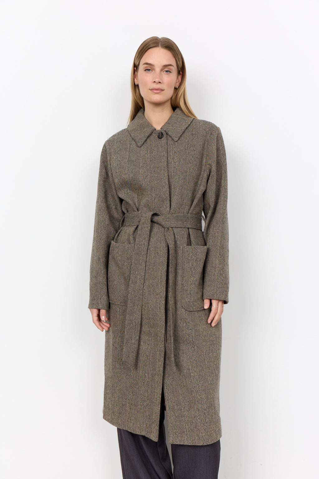 Soyaconcept Hannemai Herringbone Wool Blend Belted Coat