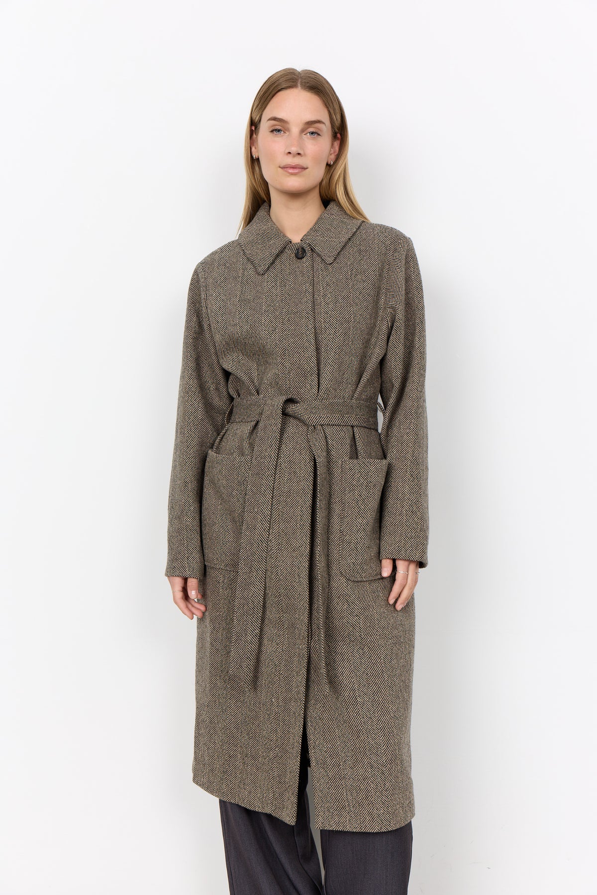 Soyaconcept Hannemai Herringbone Wool Blend Belted Coat